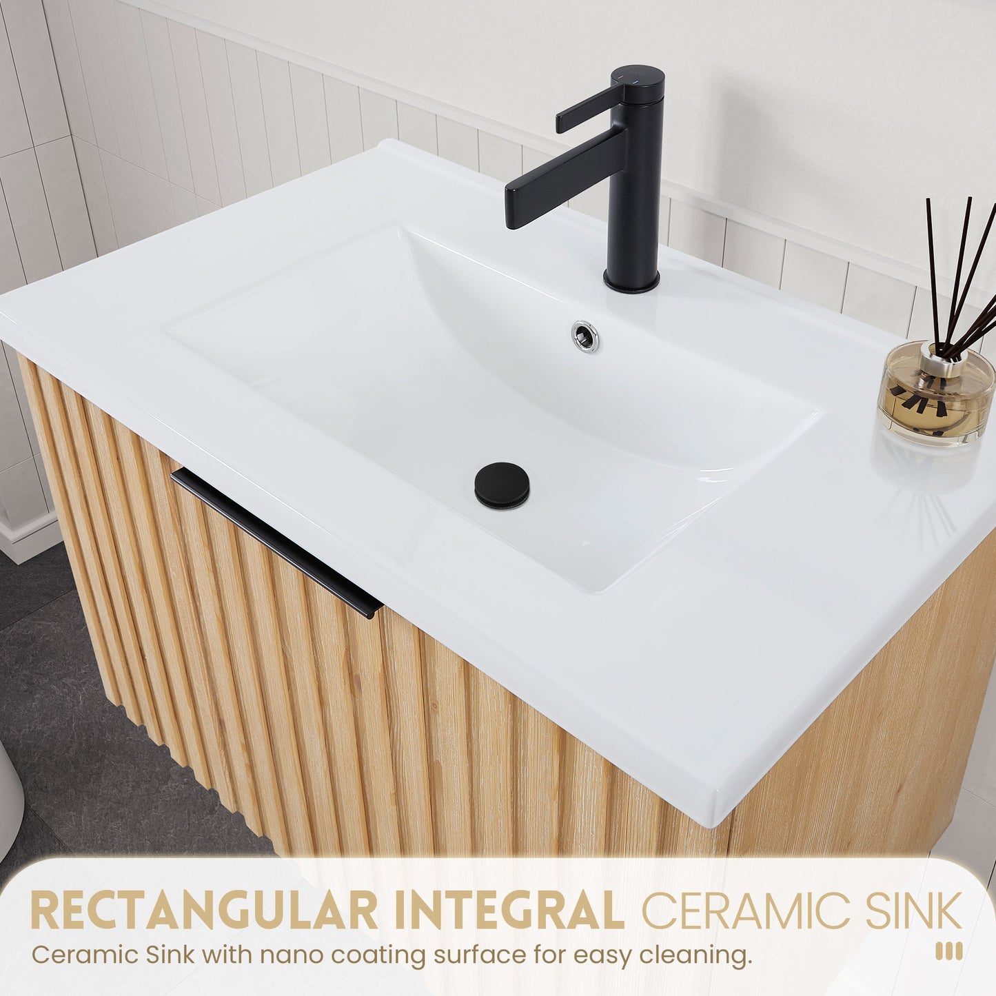 Manila Floating Single Bath Vanity in Washed Ash Grey with Drop-In White Ceramic Basin Top