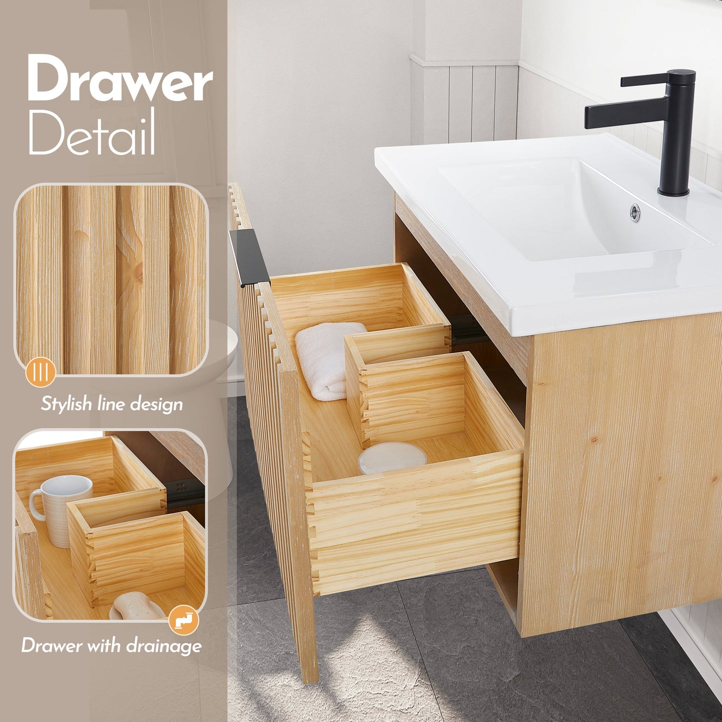 Manila Floating Single Bath Vanity in Washed Ash Grey with Drop-In White Ceramic Basin Top