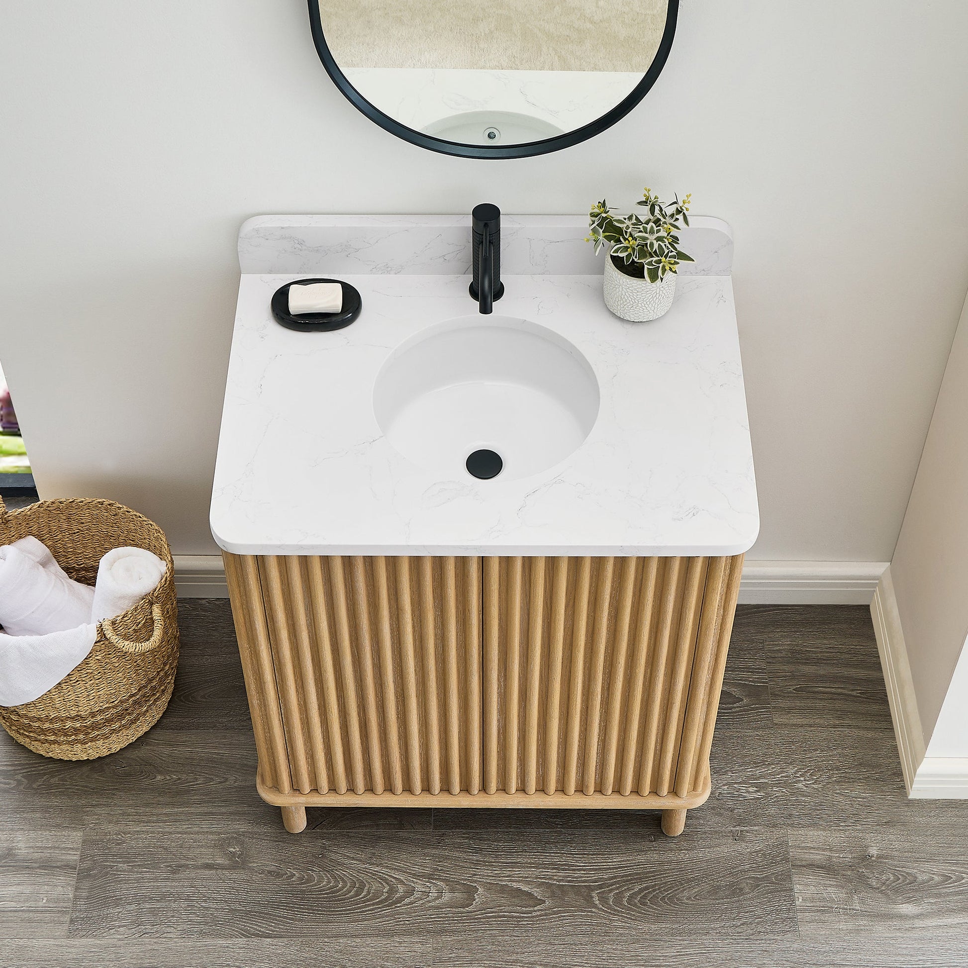 Seoul 30" Single Vanity in Washed Ash Grey with White Grain Composite Stone Top