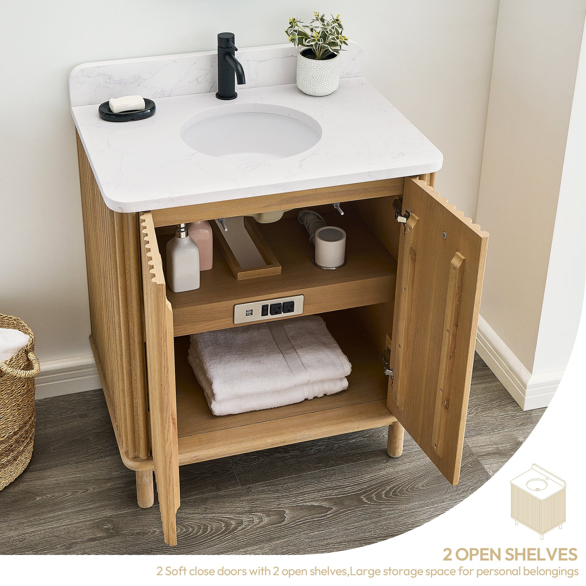 Seoul 30" Single Vanity in Washed Ash Grey with White Grain Composite Stone Top