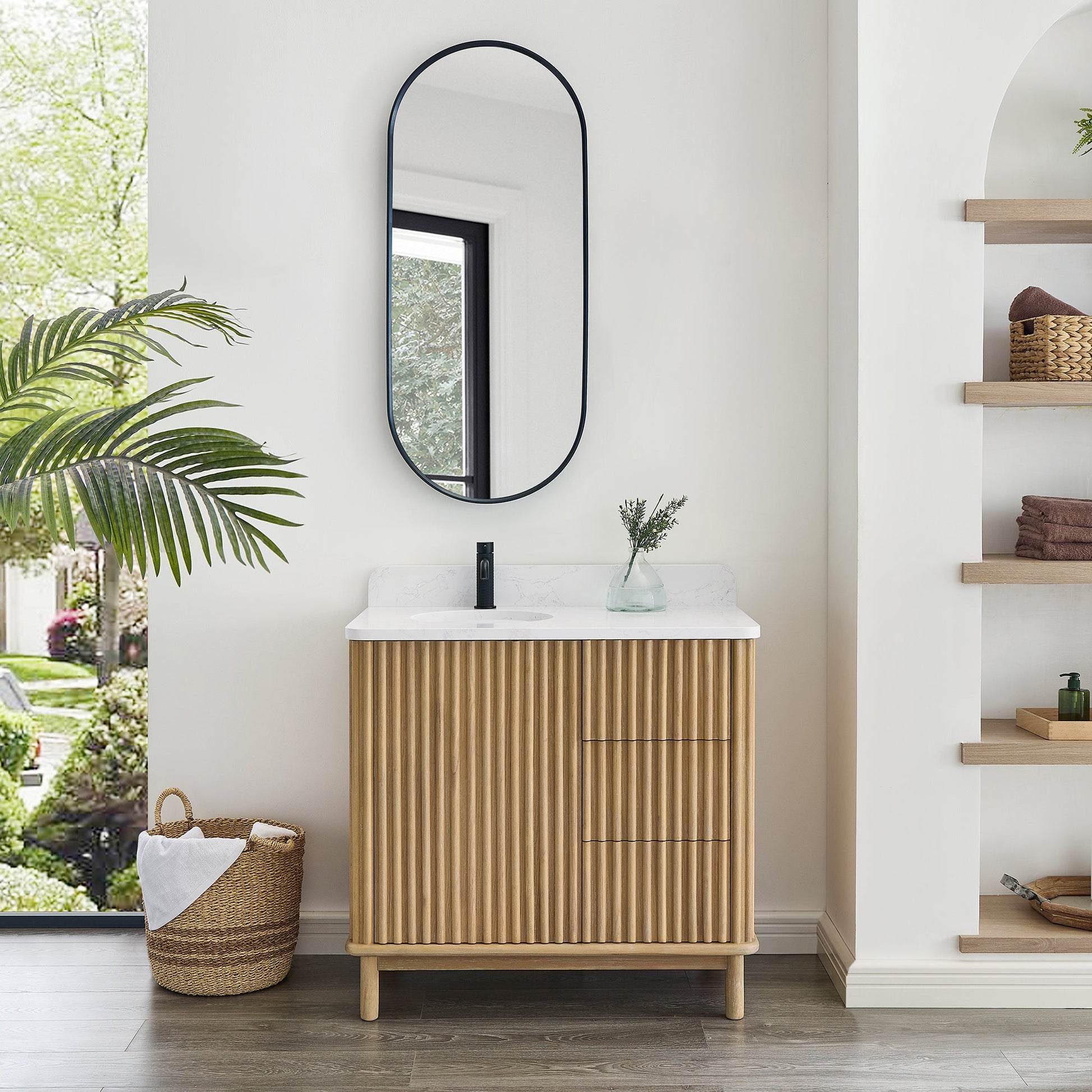 Seoul 36" Single Vanity in Washed Ash Grey with White Grain Composite Stone Top