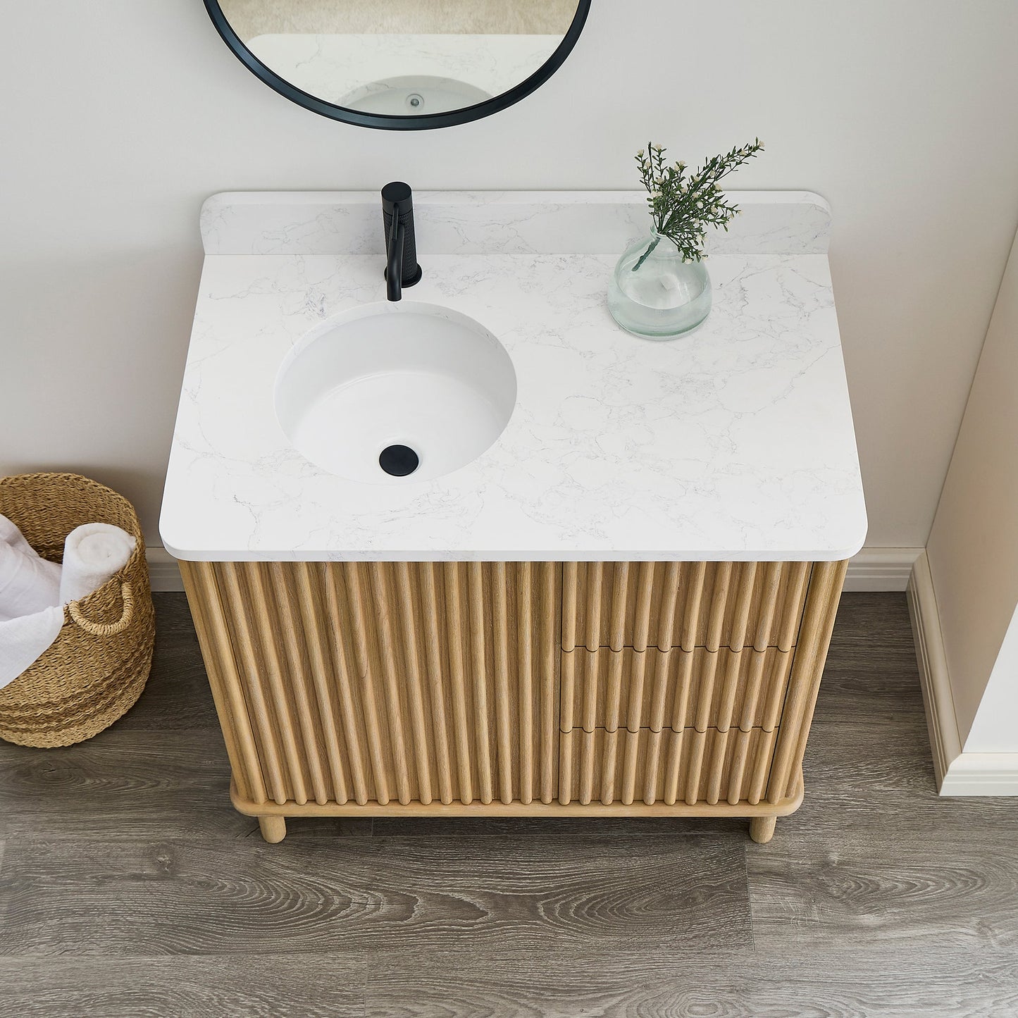 Seoul 36" Single Vanity in Washed Ash Grey with White Grain Composite Stone Top