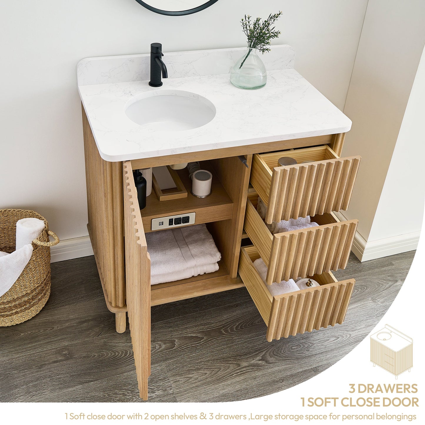 Seoul 36" Single Vanity in Washed Ash Grey with White Grain Composite Stone Top