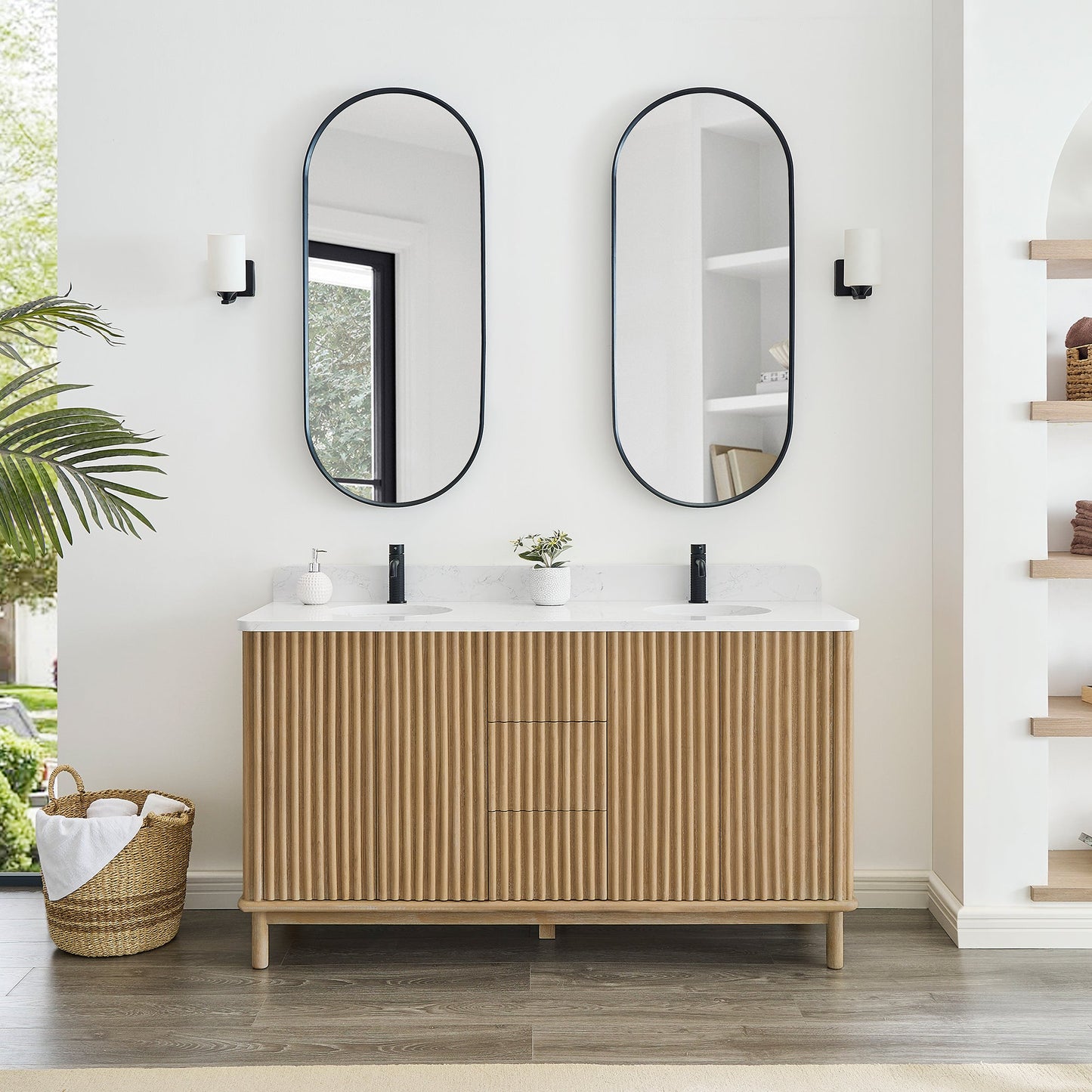 Seoul 60M" Double Vanity in Washed Ash Grey with White Grain Composite Stone Top