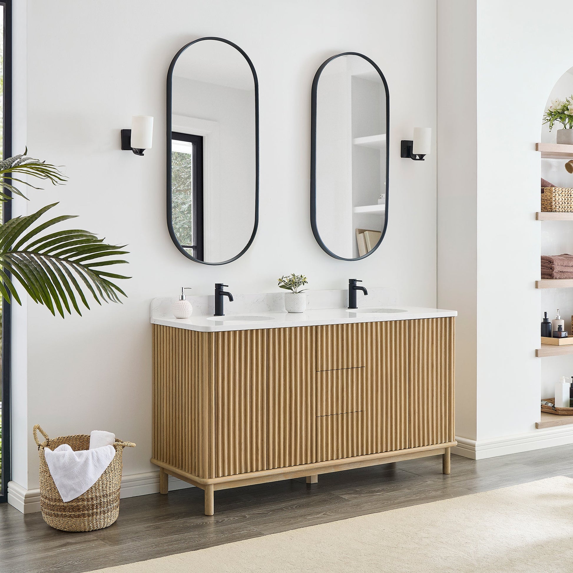 Seoul 60M" Double Vanity in Washed Ash Grey with White Grain Composite Stone Top