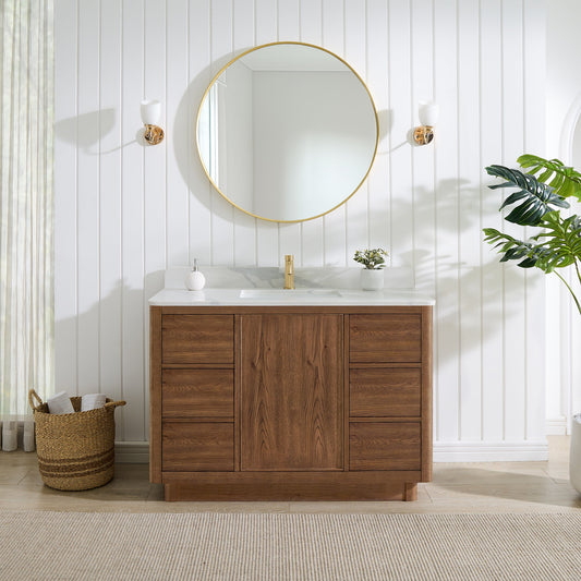 Cairo 48" Floating Single Bath Vanity in Washed Ash Grey with Fish Maw White Quartz Stone Top