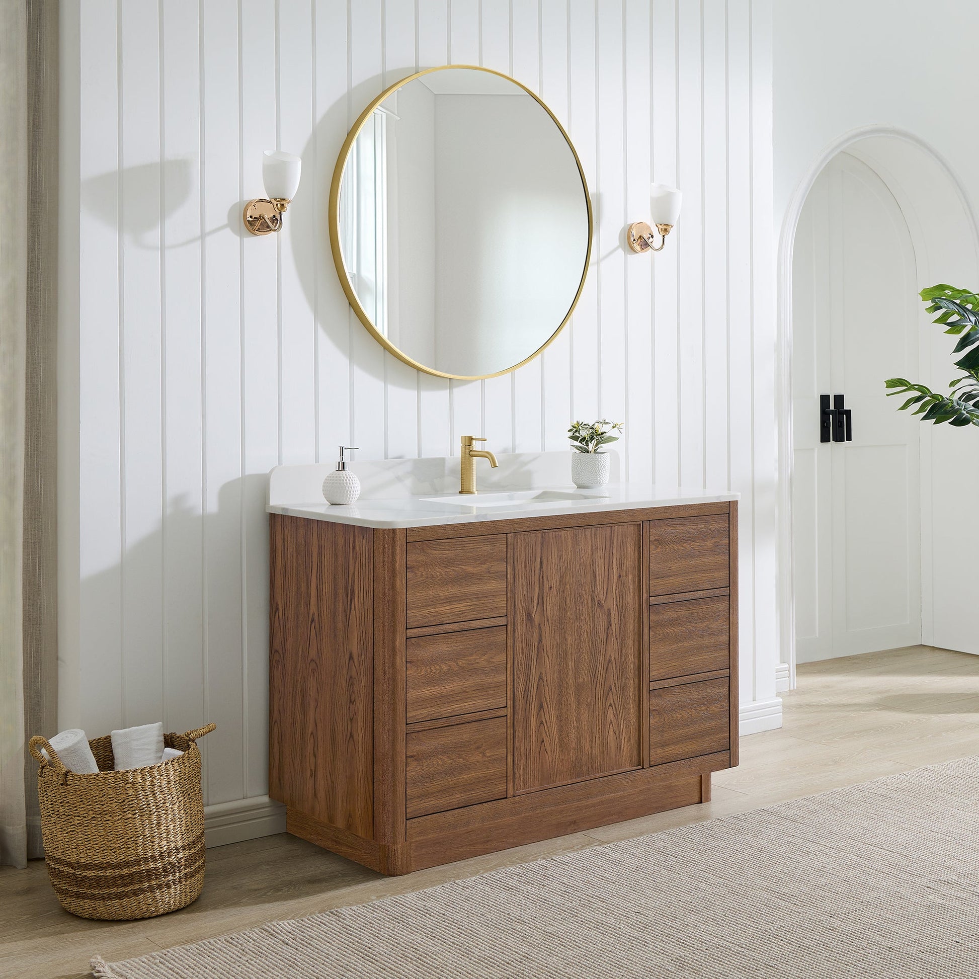 Cairo 48" Floating Single Bath Vanity in Washed Ash Grey with Fish Maw White Quartz Stone Top