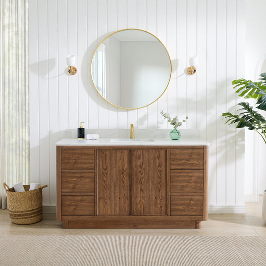 Cairo 60" Floating Single Bath Vanity in Washed Ash Grey with Fish Maw White Quartz Stone Top