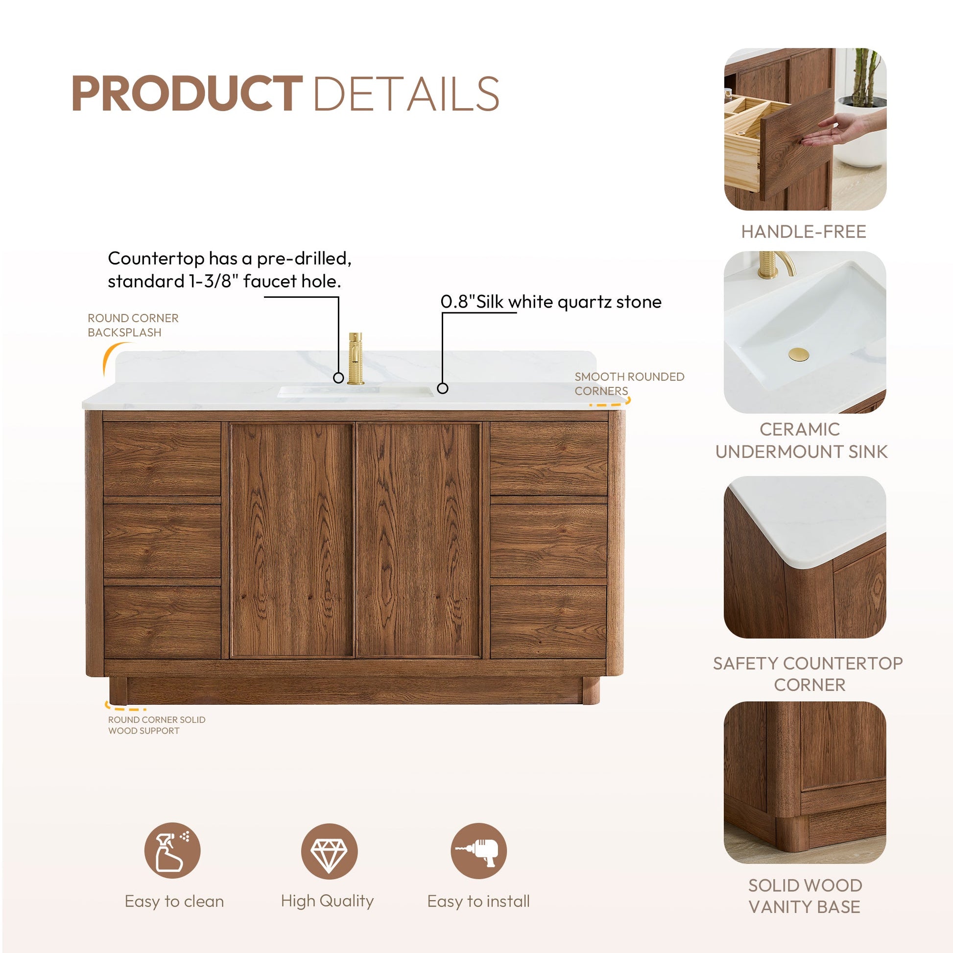 Cairo 60" Floating Single Bath Vanity in Washed Ash Grey with Fish Maw White Quartz Stone Top
