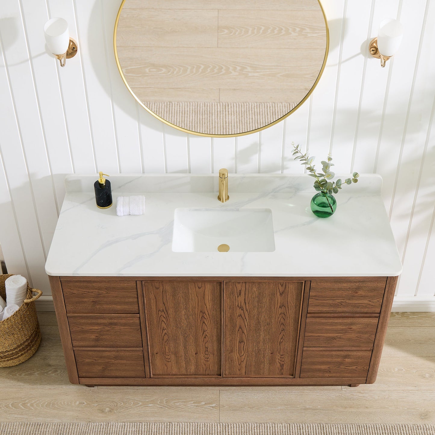 Cairo 60" Floating Single Bath Vanity in Washed Ash Grey with Fish Maw White Quartz Stone Top