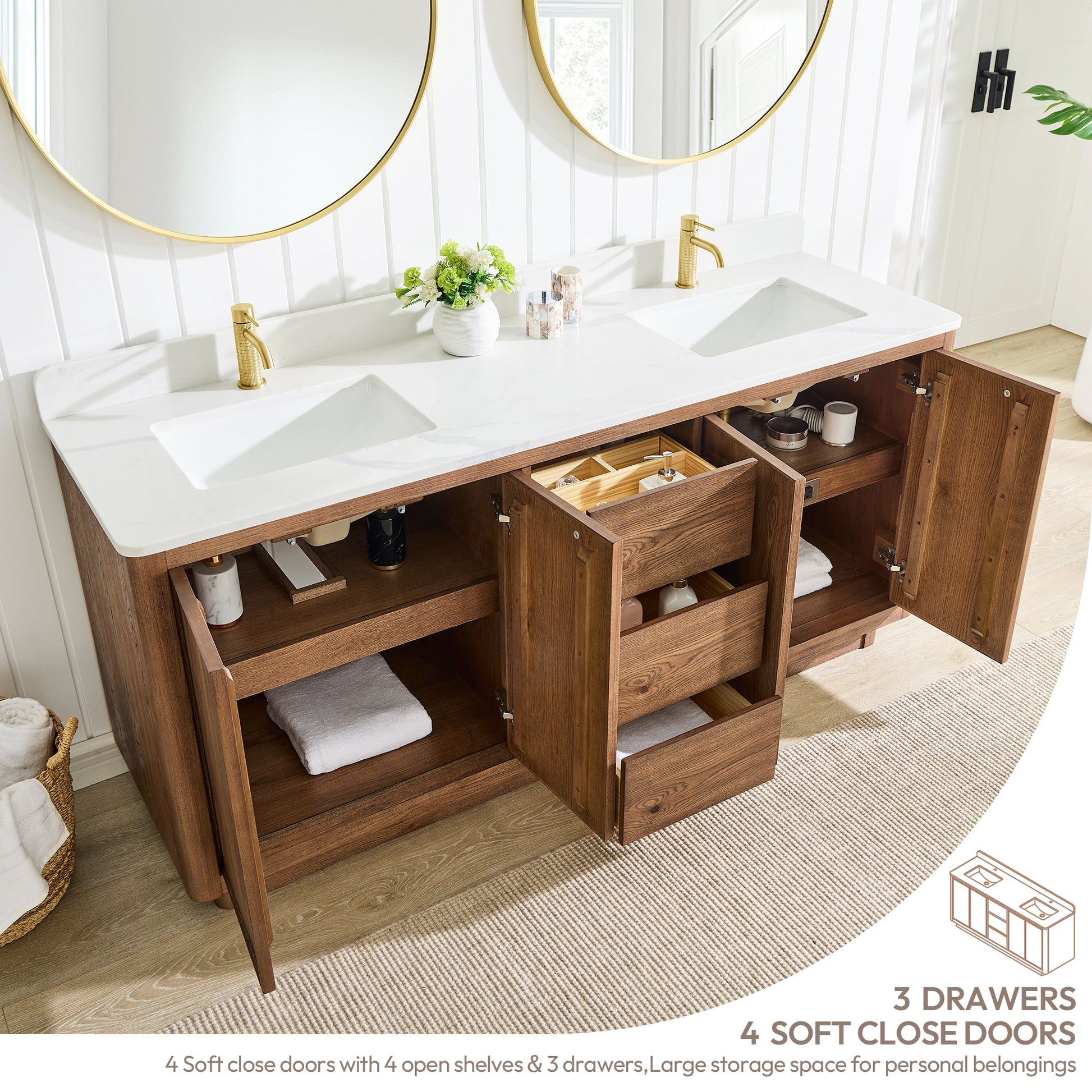 Cairo 72" Floating Double  Bath Vanity in Washed Ash Grey with Fish Maw White Quartz Stone Top