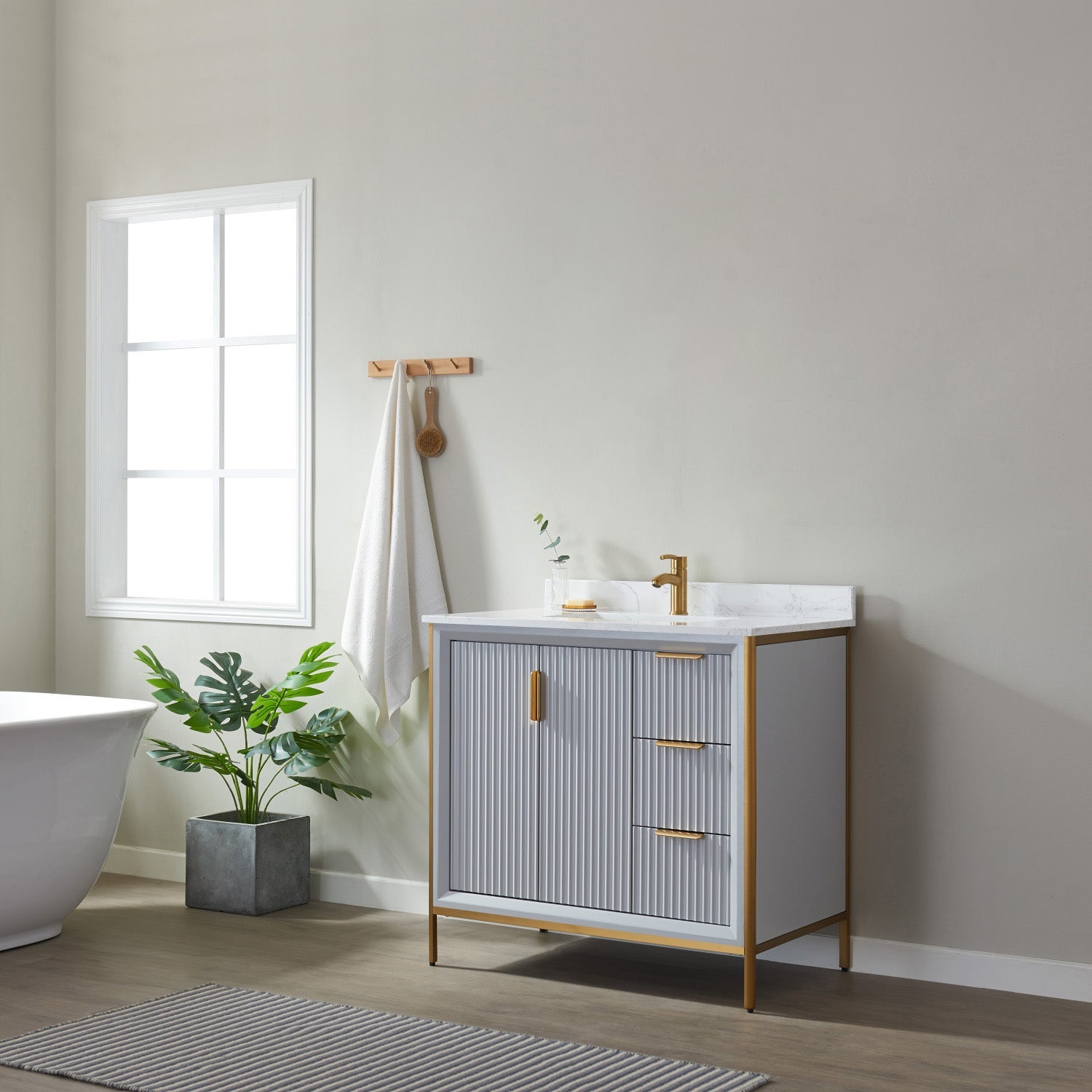 Granada 36" Single Vanity in Paris Grey with White Composite Grain Stone Countertop