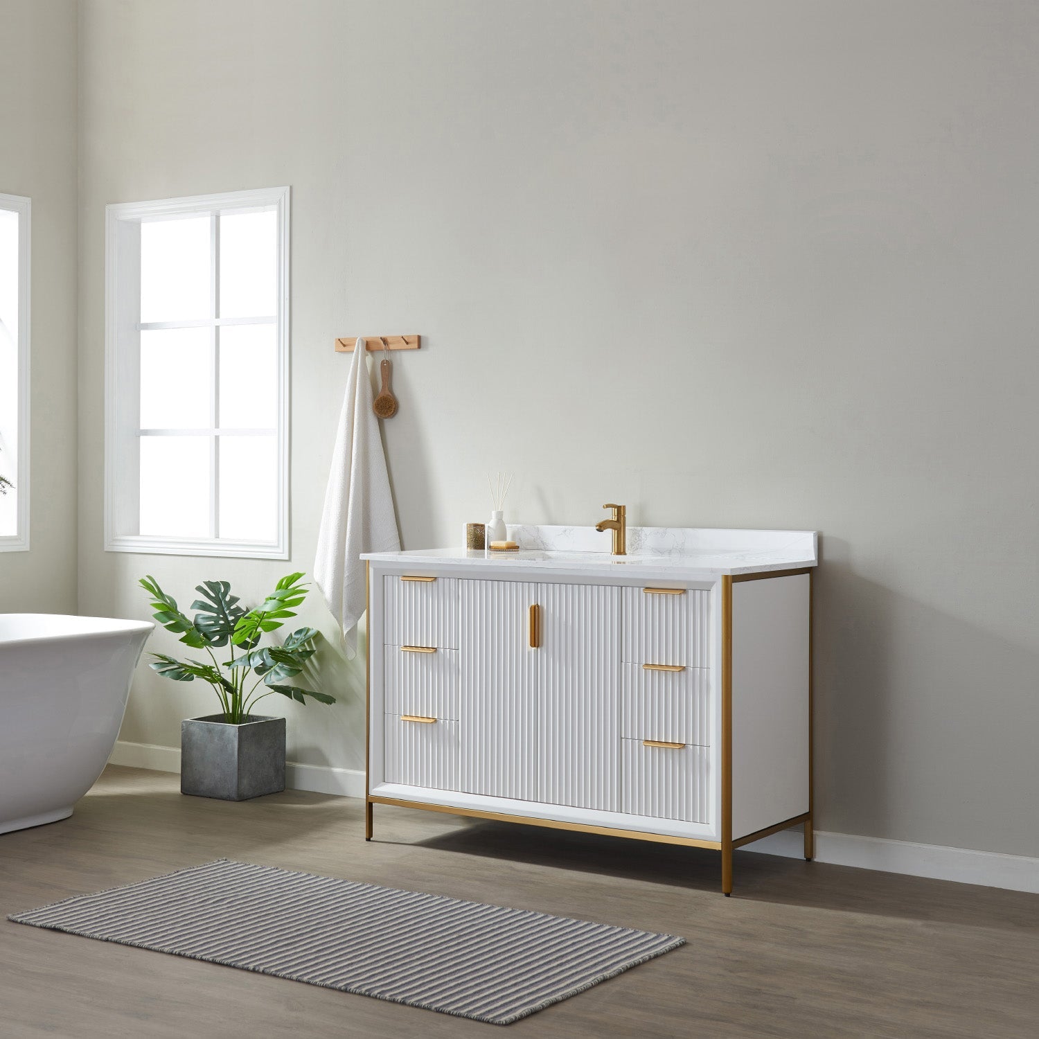 Granada 48" Single Vanity in White with White Composite Grain Stone Countertop