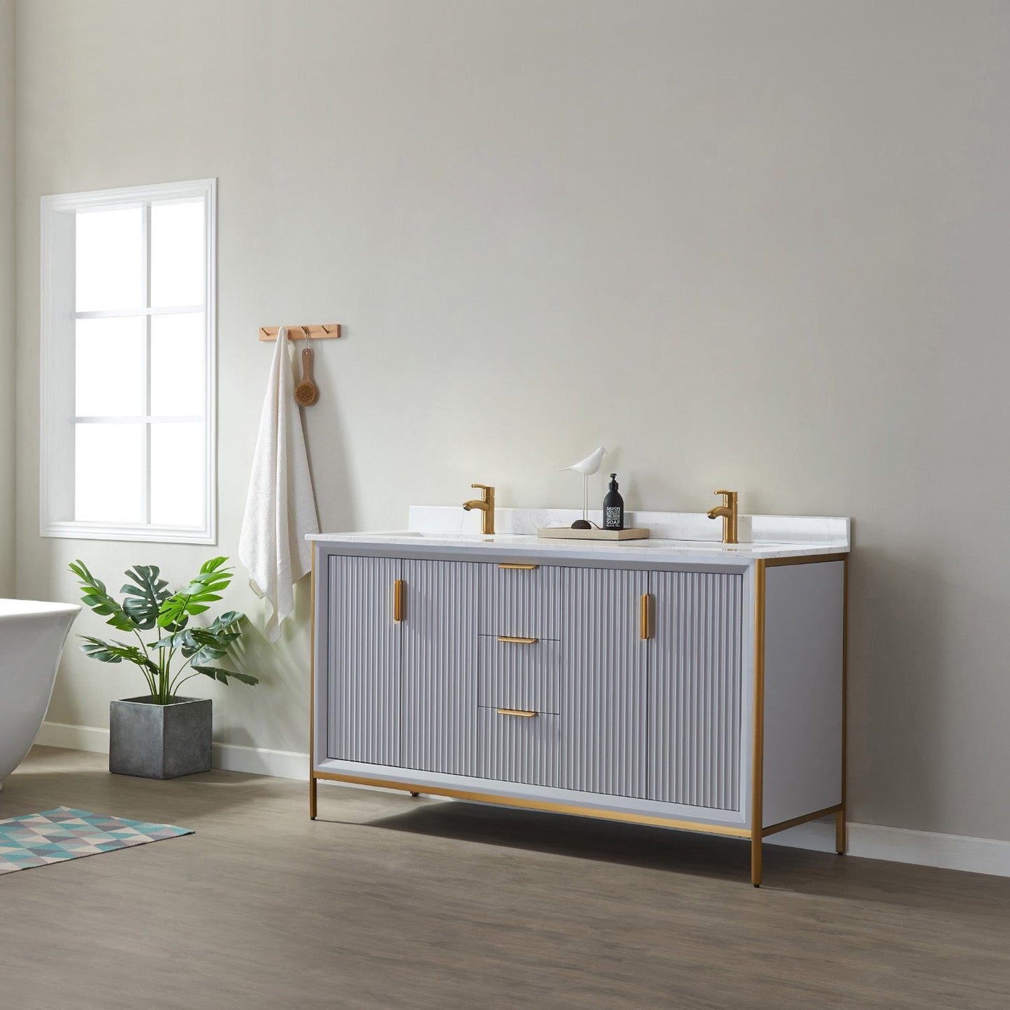 Granada 60" Double Vanity in Paris Grey with White Composite Grain Stone Countertop