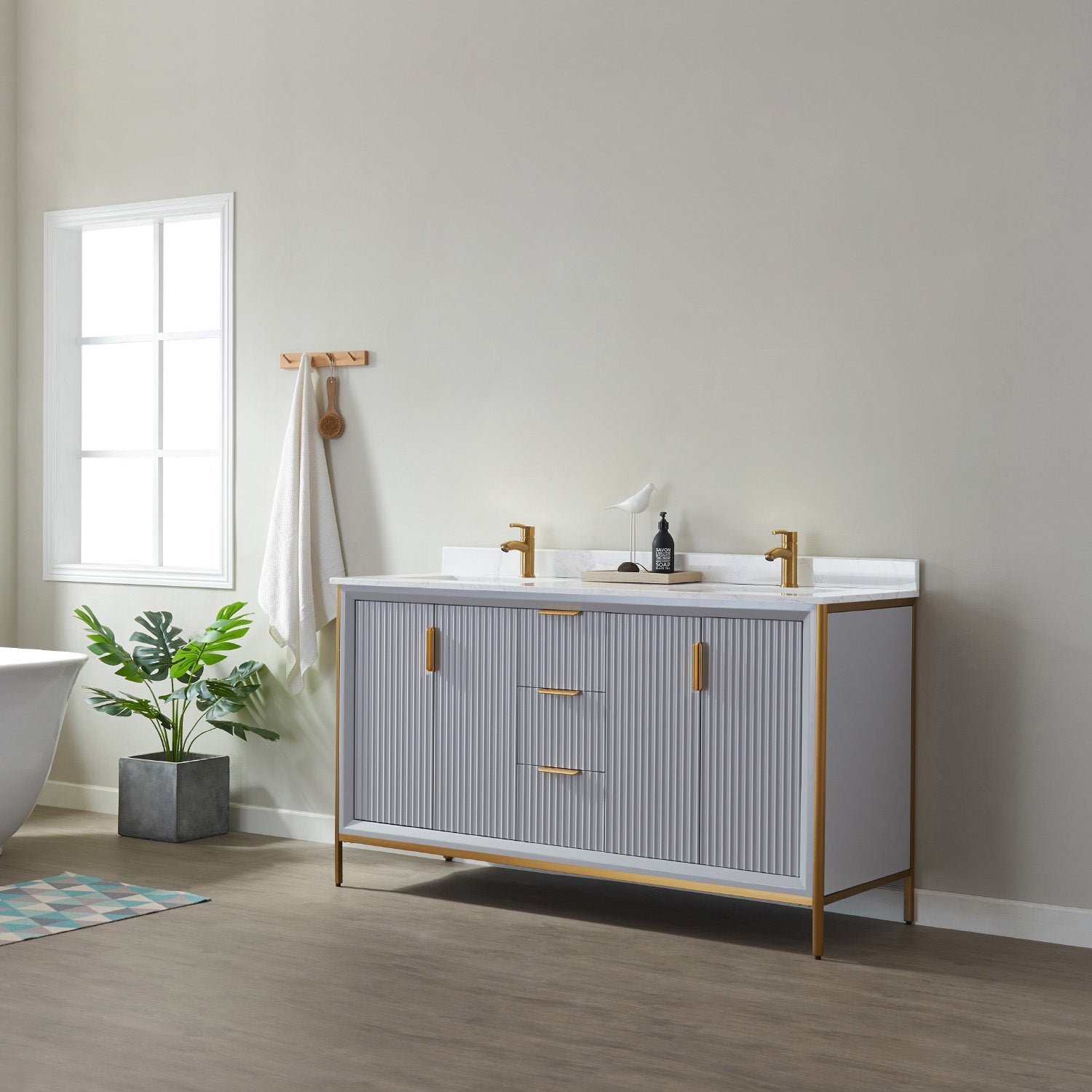 Granada 60" Double Vanity in Paris Grey with White Composite Grain Stone Countertop