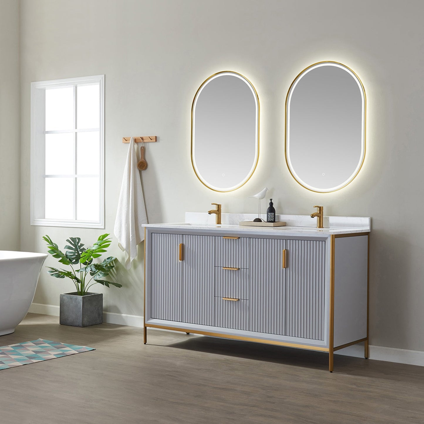 Granada 60" Double Vanity in Paris Grey with White Composite Grain Stone Countertop