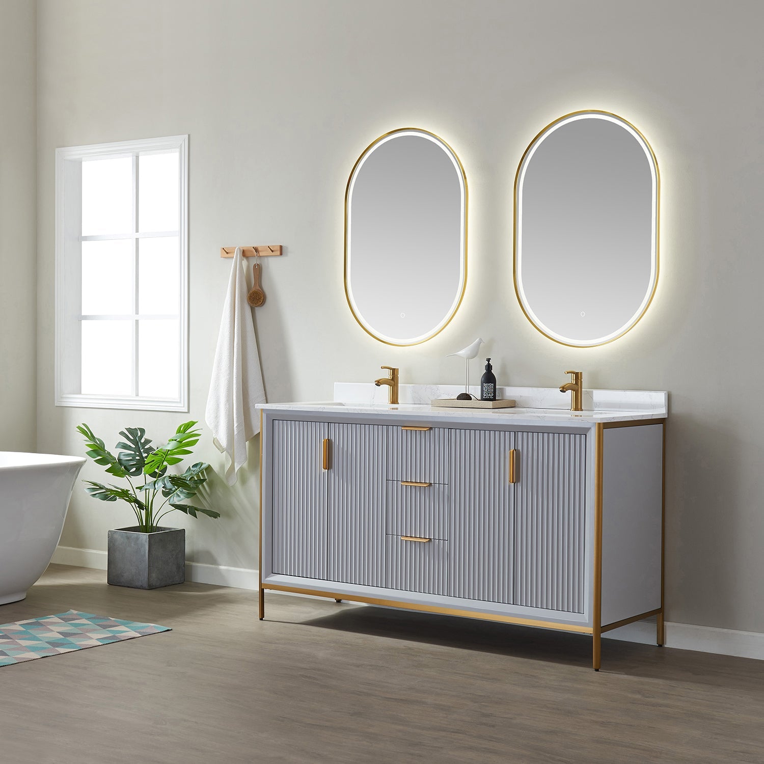 Granada 60" Double Vanity in Paris Grey with White Composite Grain Stone Countertop
