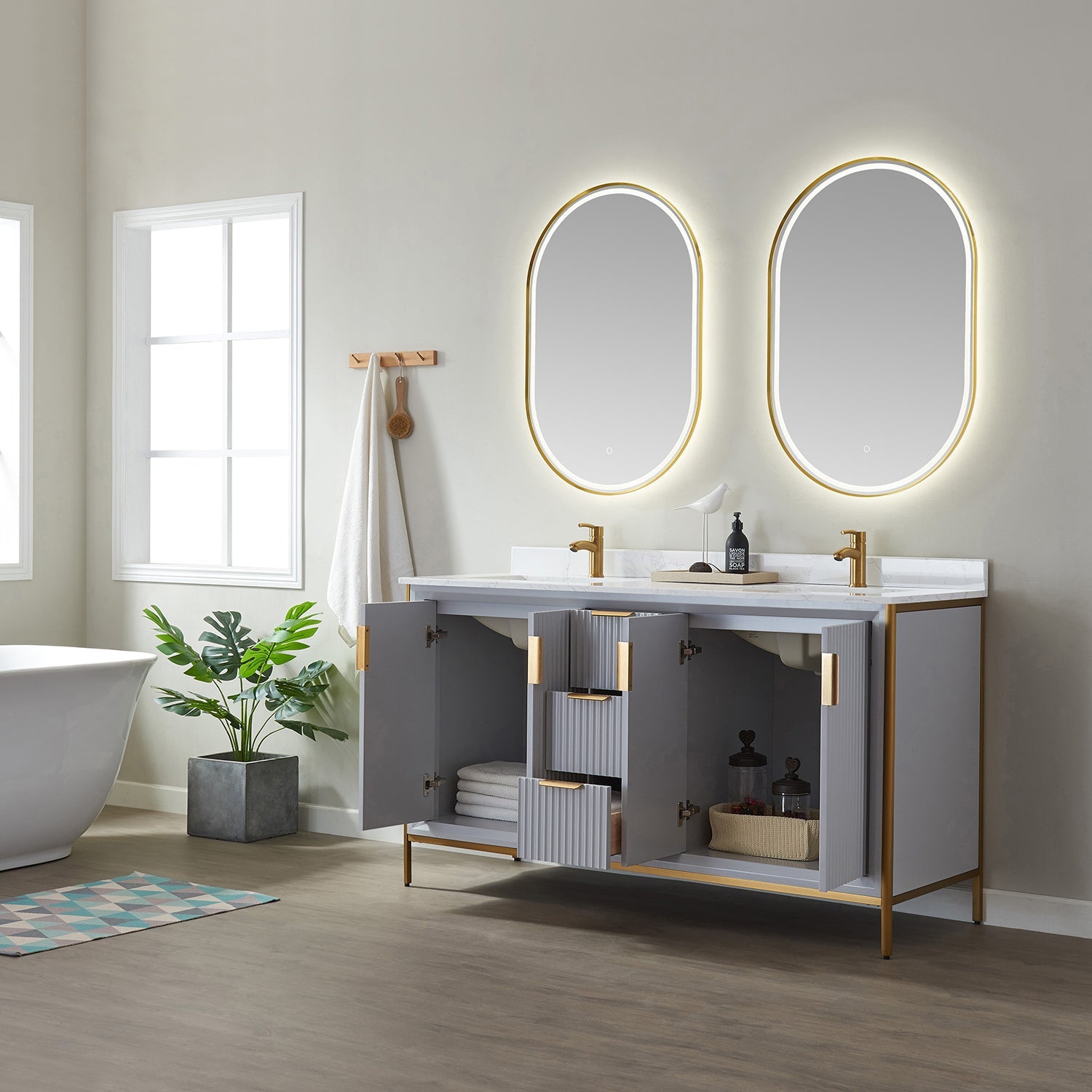 Granada 60" Double Vanity in Paris Grey with White Composite Grain Stone Countertop
