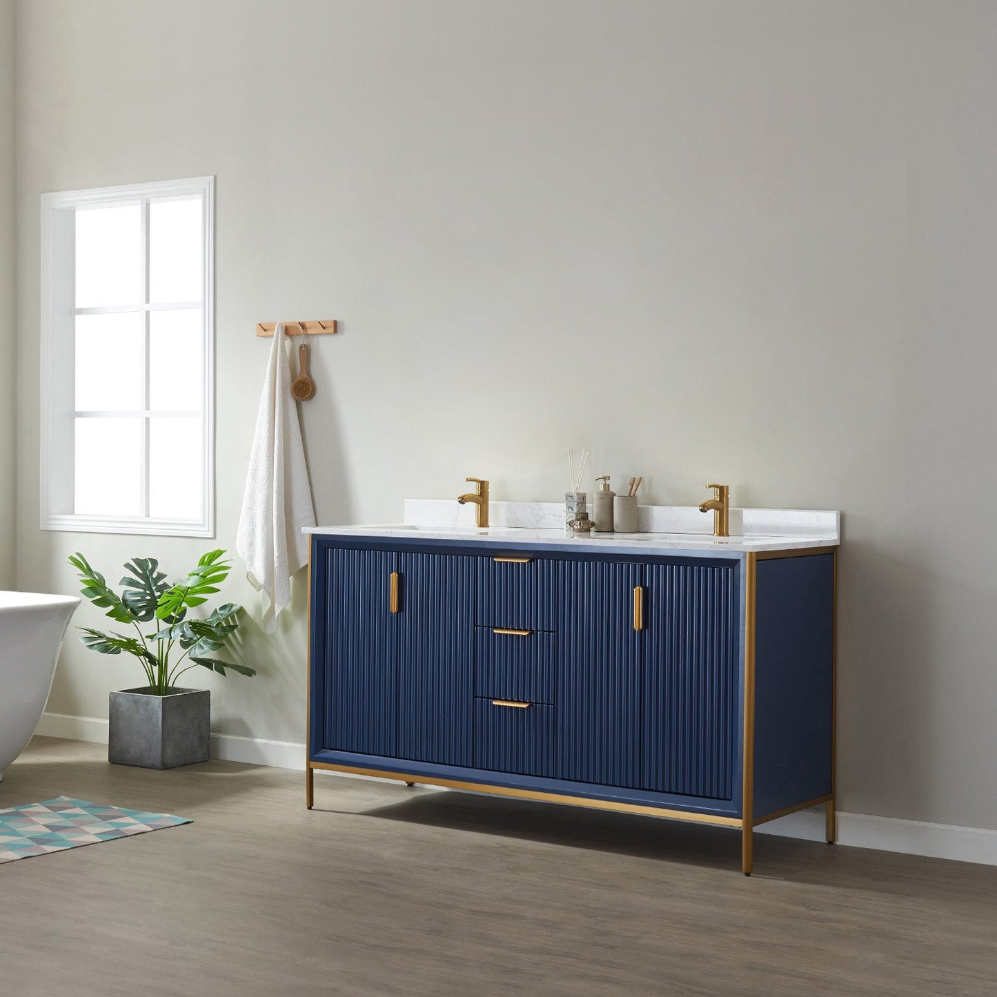 Granada 60" Double Vanity in Royal Blue with White Composite Grain Stone Countertop