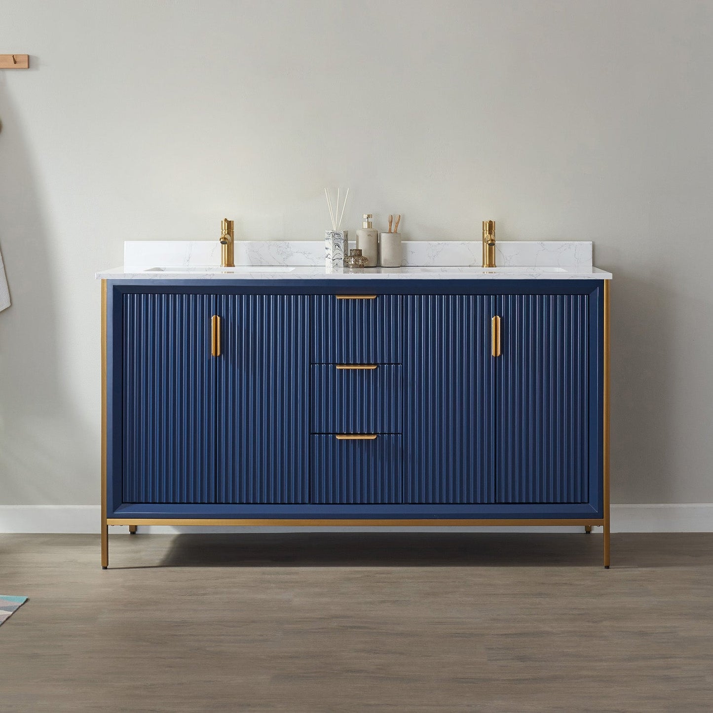 Granada 60" Double Vanity in Royal Blue with White Composite Grain Stone Countertop