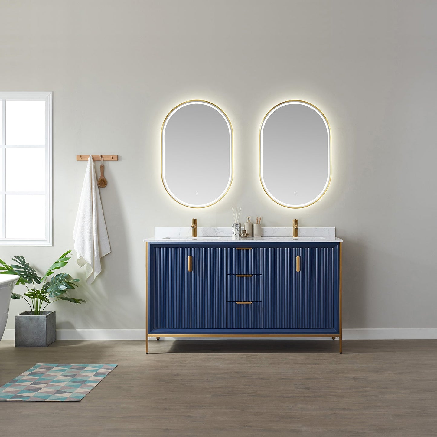 Granada 60" Double Vanity in Royal Blue with White Composite Grain Stone Countertop