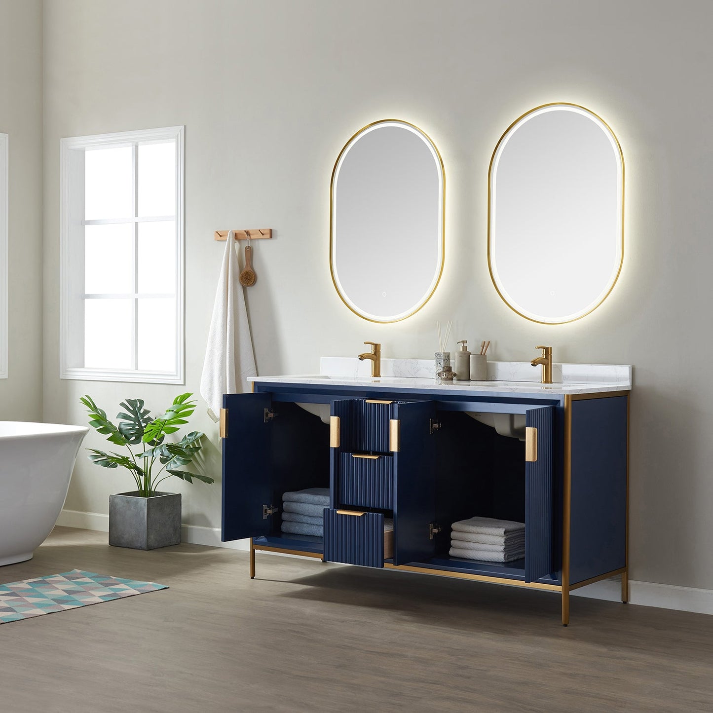Granada 60" Double Vanity in Royal Blue with White Composite Grain Stone Countertop