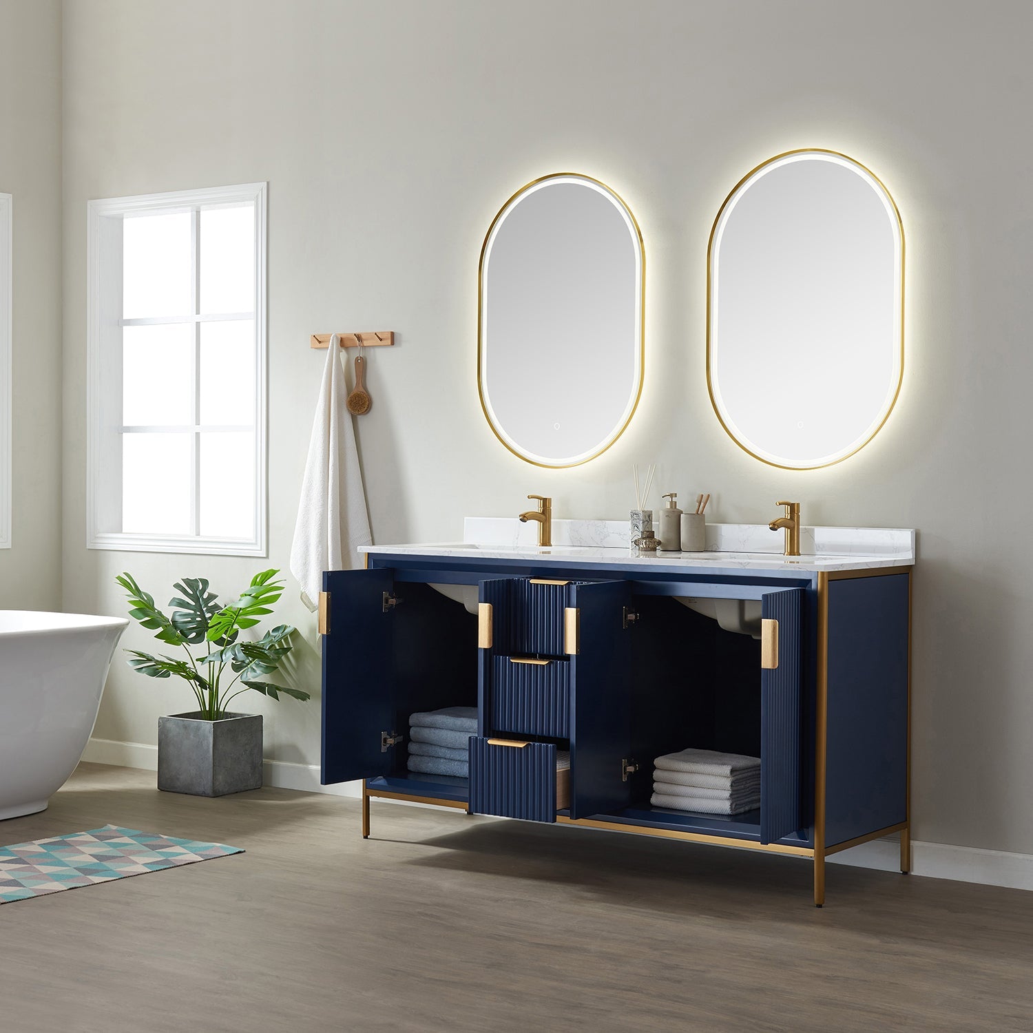 Granada 60" Double Vanity in Royal Blue with White Composite Grain Stone Countertop