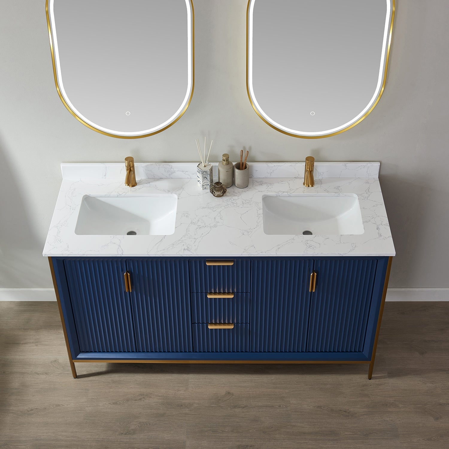 Granada 60" Double Vanity in Royal Blue with White Composite Grain Stone Countertop
