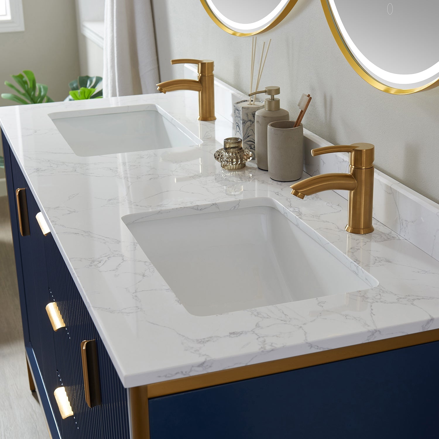 Granada 60" Double Vanity in Royal Blue with White Composite Grain Stone Countertop