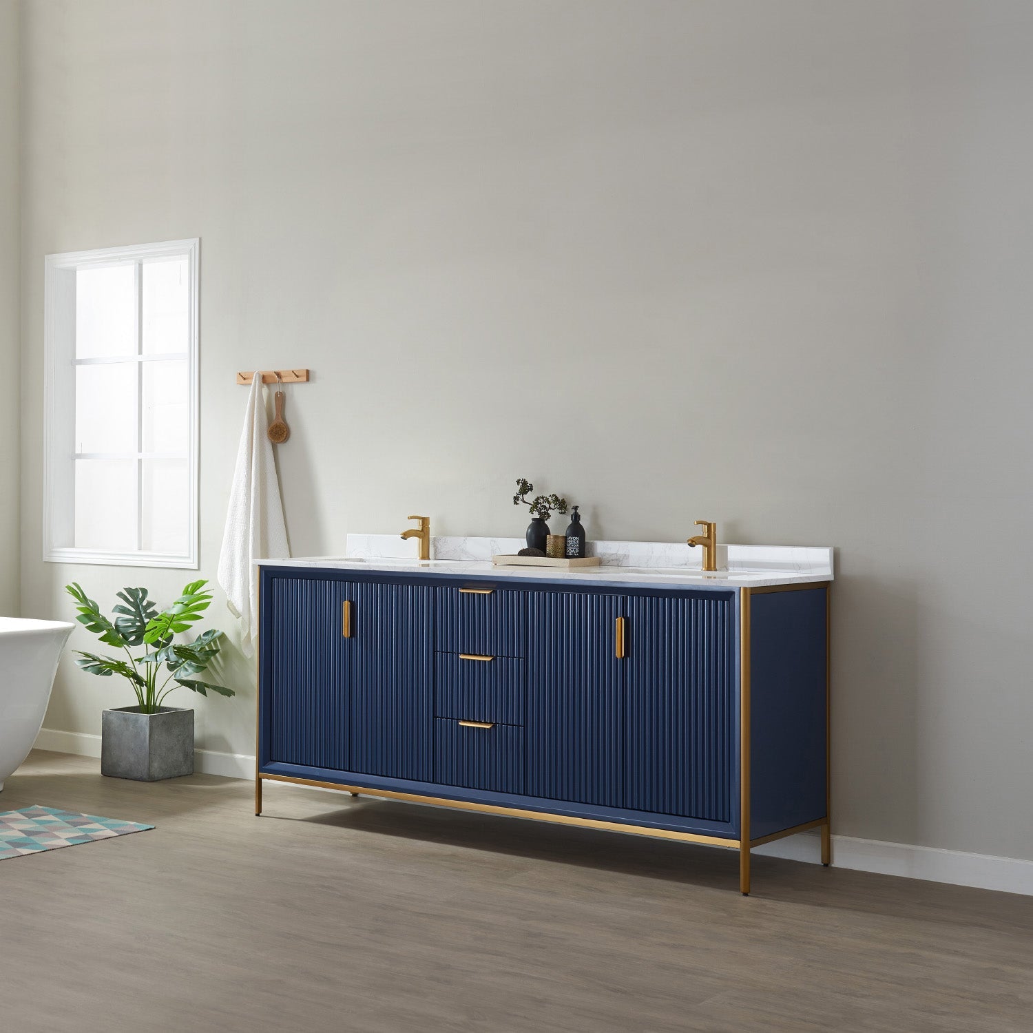 Granada 72" Double Vanity in Royal Blue with White Composite Grain Stone Countertop