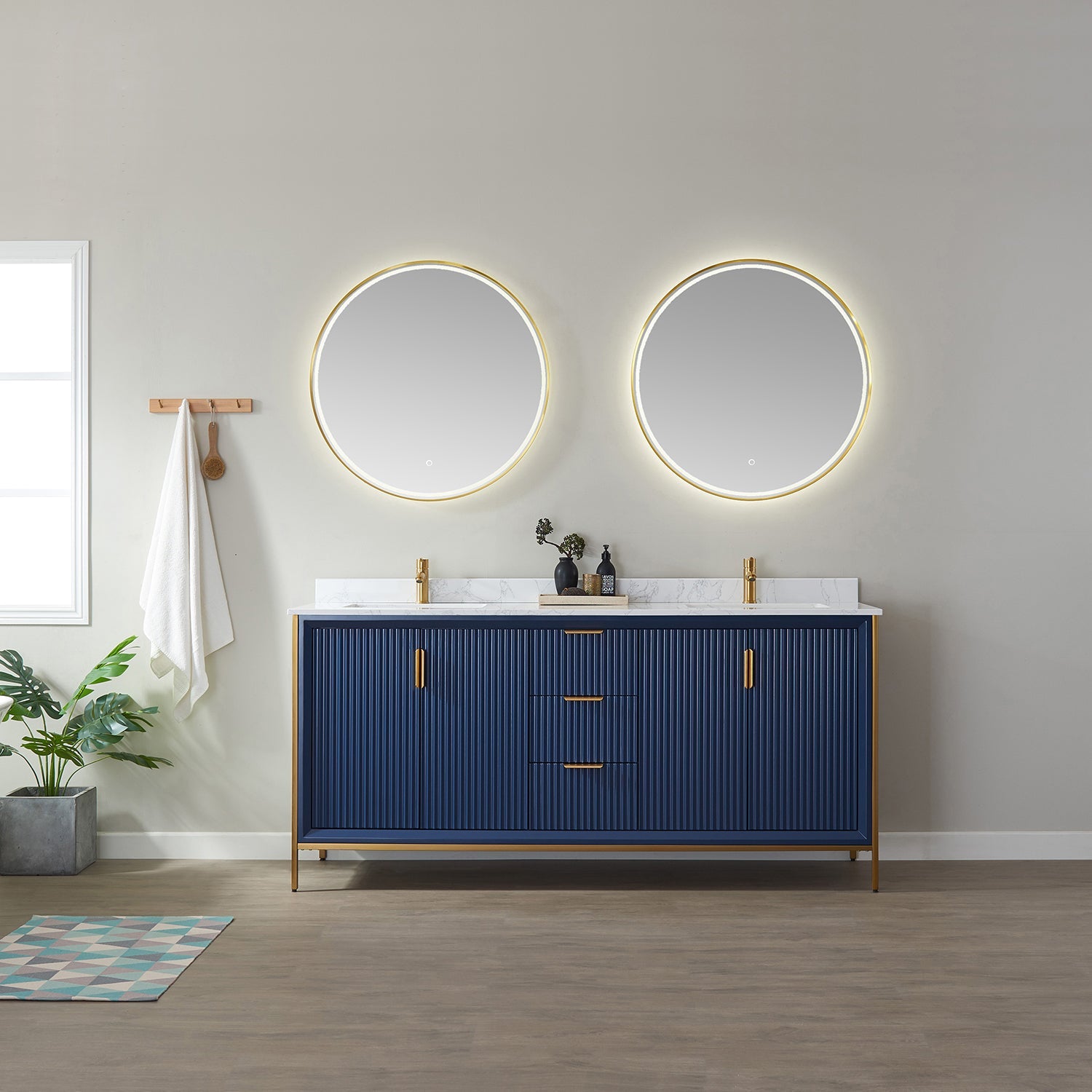 Granada 72" Double Vanity in Royal Blue with White Composite Grain Stone Countertop