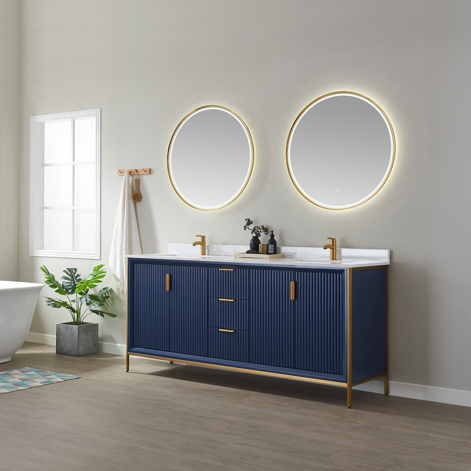 Granada 72" Double Vanity in Royal Blue with White Composite Grain Stone Countertop