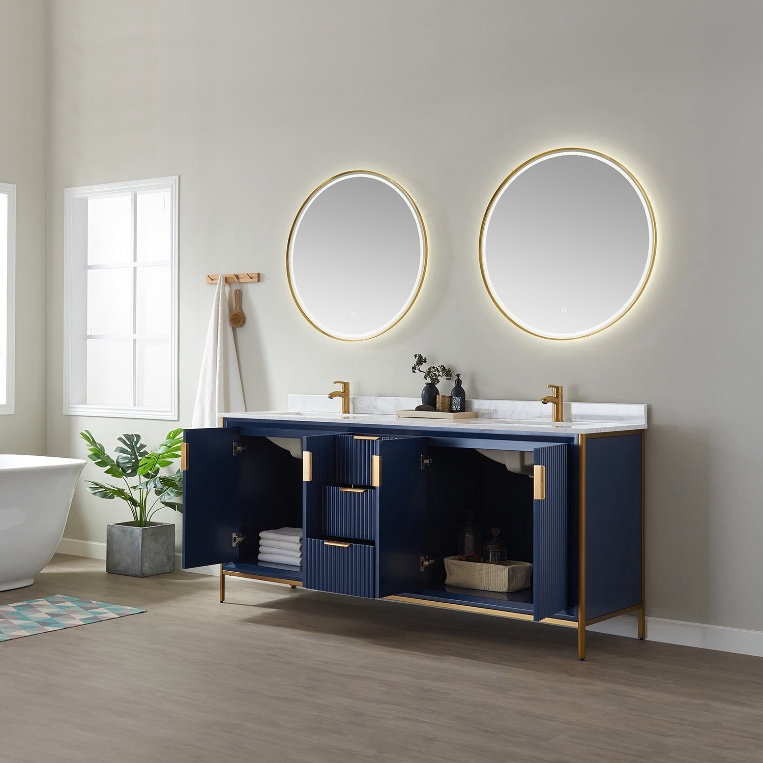 Granada 72" Double Vanity in Royal Blue with White Composite Grain Stone Countertop