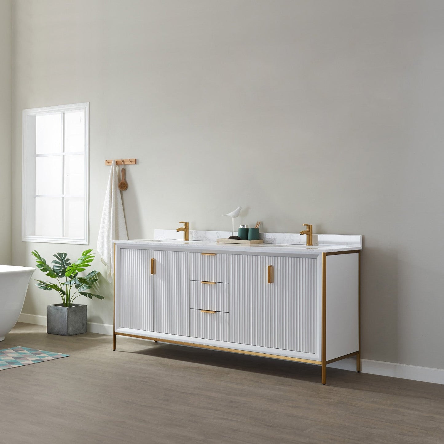 Granada 72" Double Vanity in White with White Composite Grain Stone Countertop