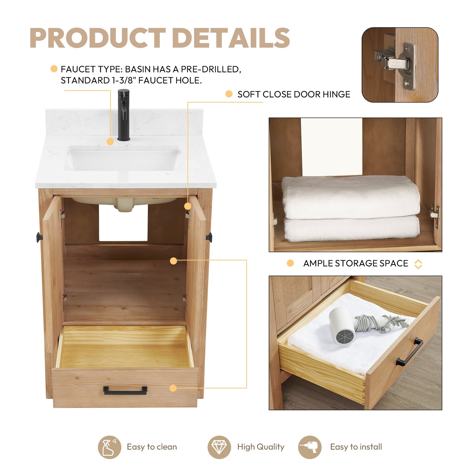 Shannon 24" Single Vanity in Fir Wood Brown and Composite Carrara White Stone Countertop