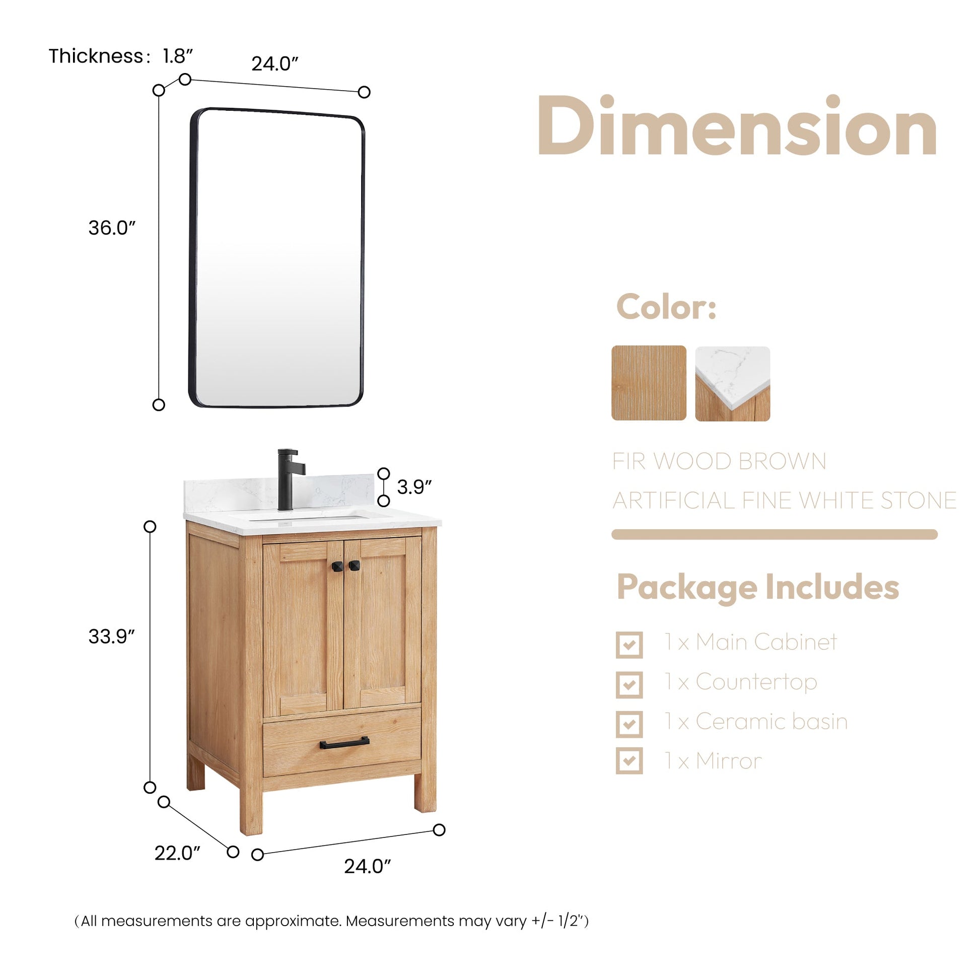 Shannon 24" Single Vanity in Fir Wood Brown and Composite Carrara White Stone Countertop