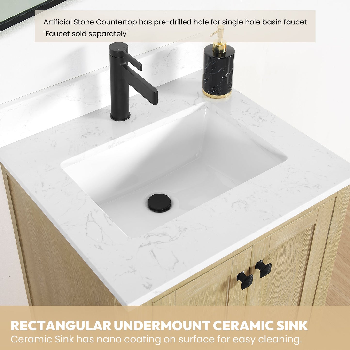 Shannon 24" Single Vanity in Natural Brown and Composite Carrara White Stone Countertop