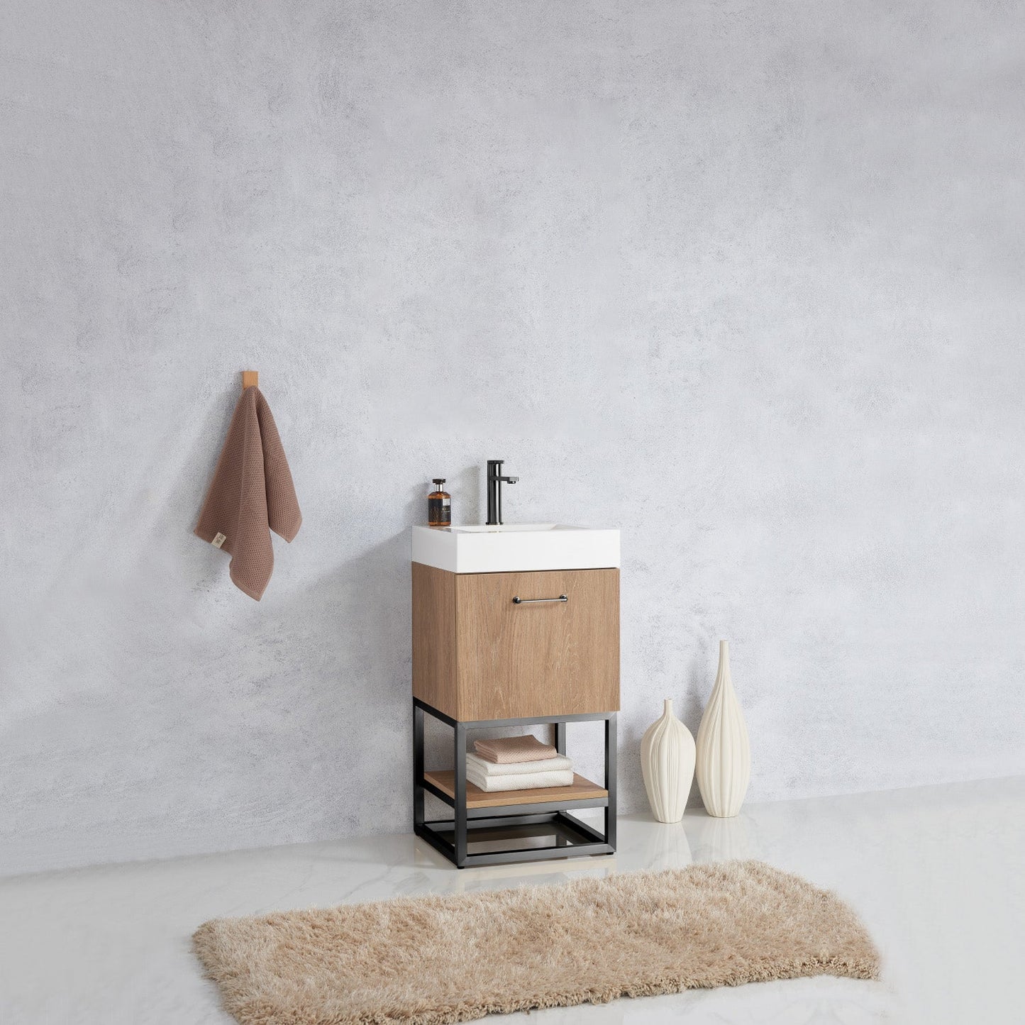 Alistair 18B" Single Sink Bath Vanity in North American Oak with Whole Artificial Stone Basin Top