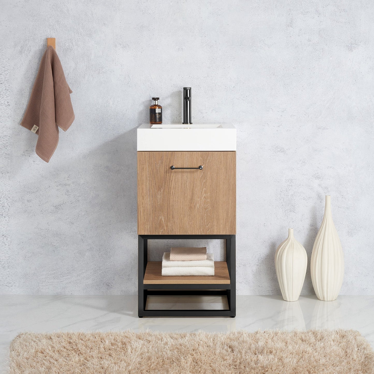 Alistair 18B" Single Sink Bath Vanity in North American Oak with Whole Artificial Stone Basin Top