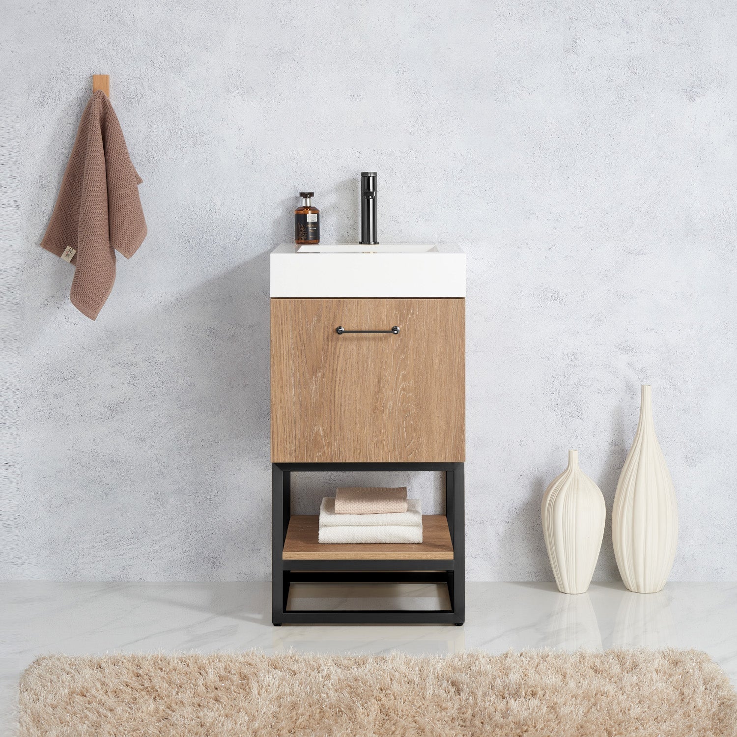 Alistair 18B" Single Sink Bath Vanity in North American Oak with Whole Artificial Stone Basin Top