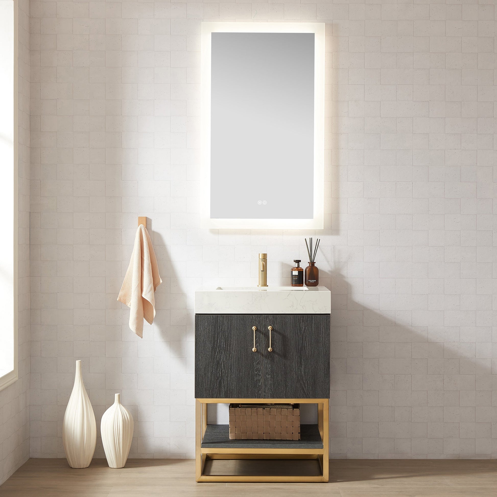Alistair 24" Single Vanity in North American Black Oak with White Grain Stone Top