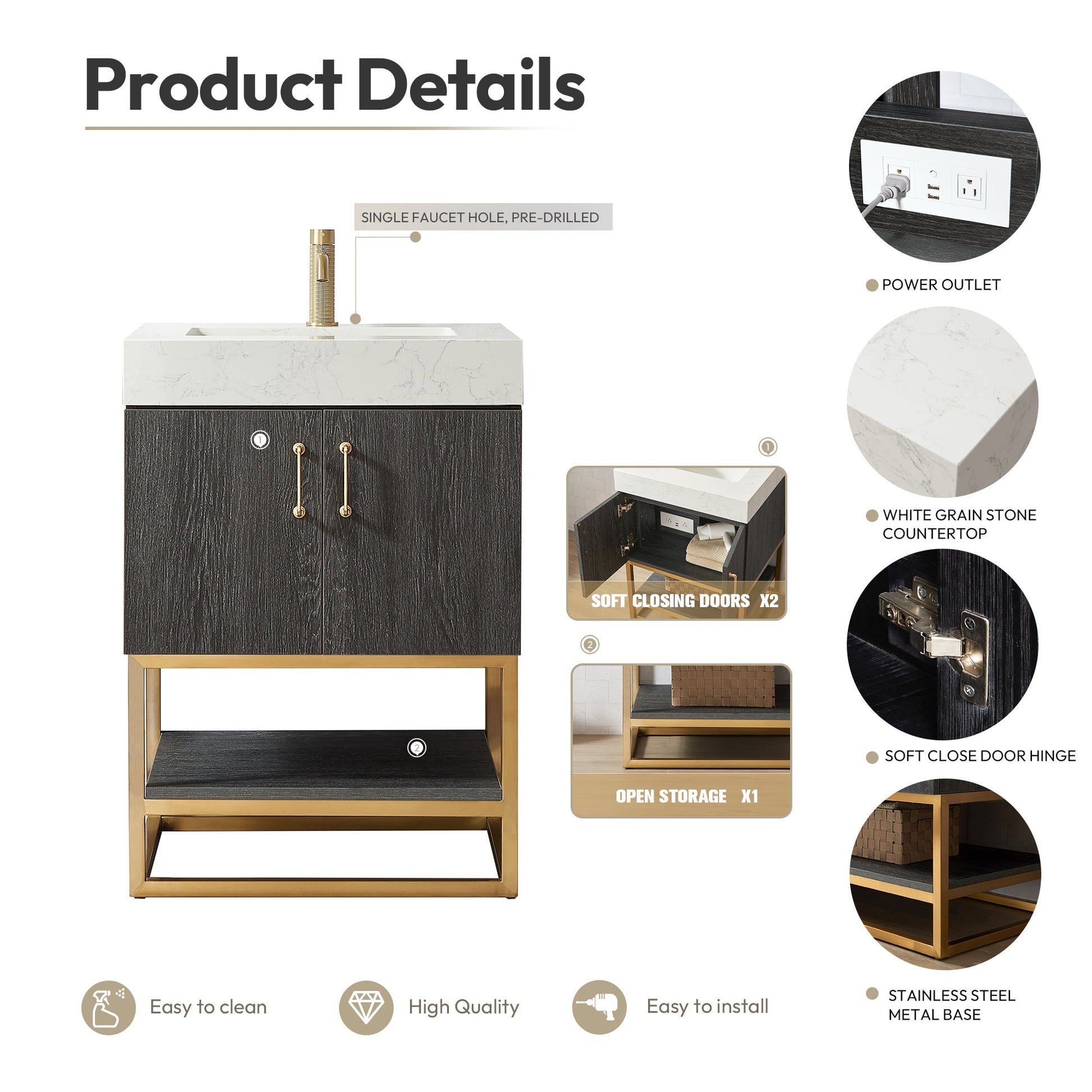 Alistair 24" Single Vanity in North American Black Oak with White Grain Stone Top