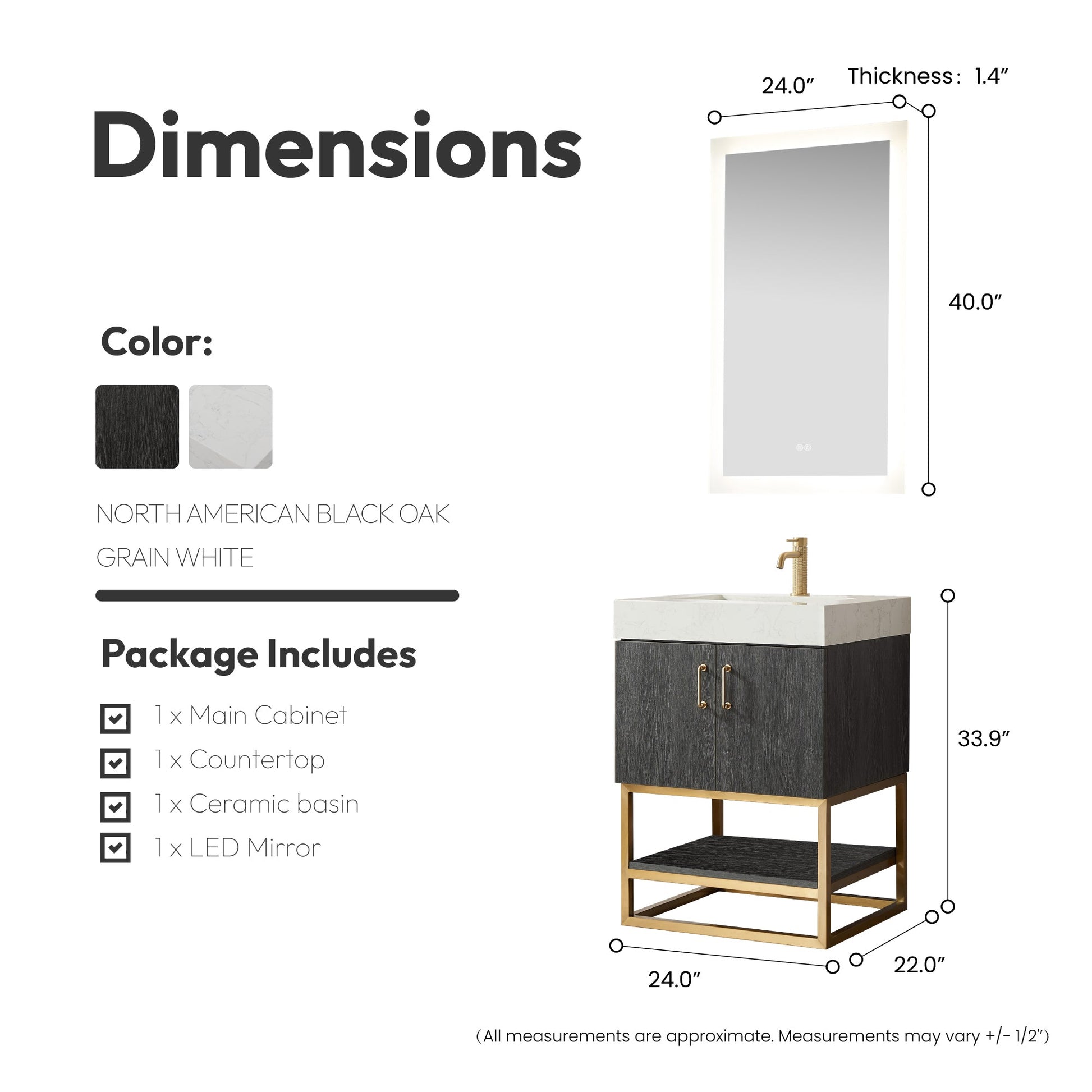 Alistair 24" Single Vanity in North American Black Oak with White Grain Stone Top