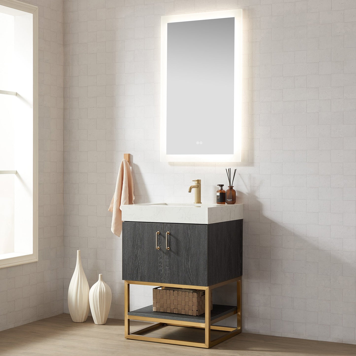 Alistair 24" Single Vanity in North American Black Oak with White Grain Stone Top