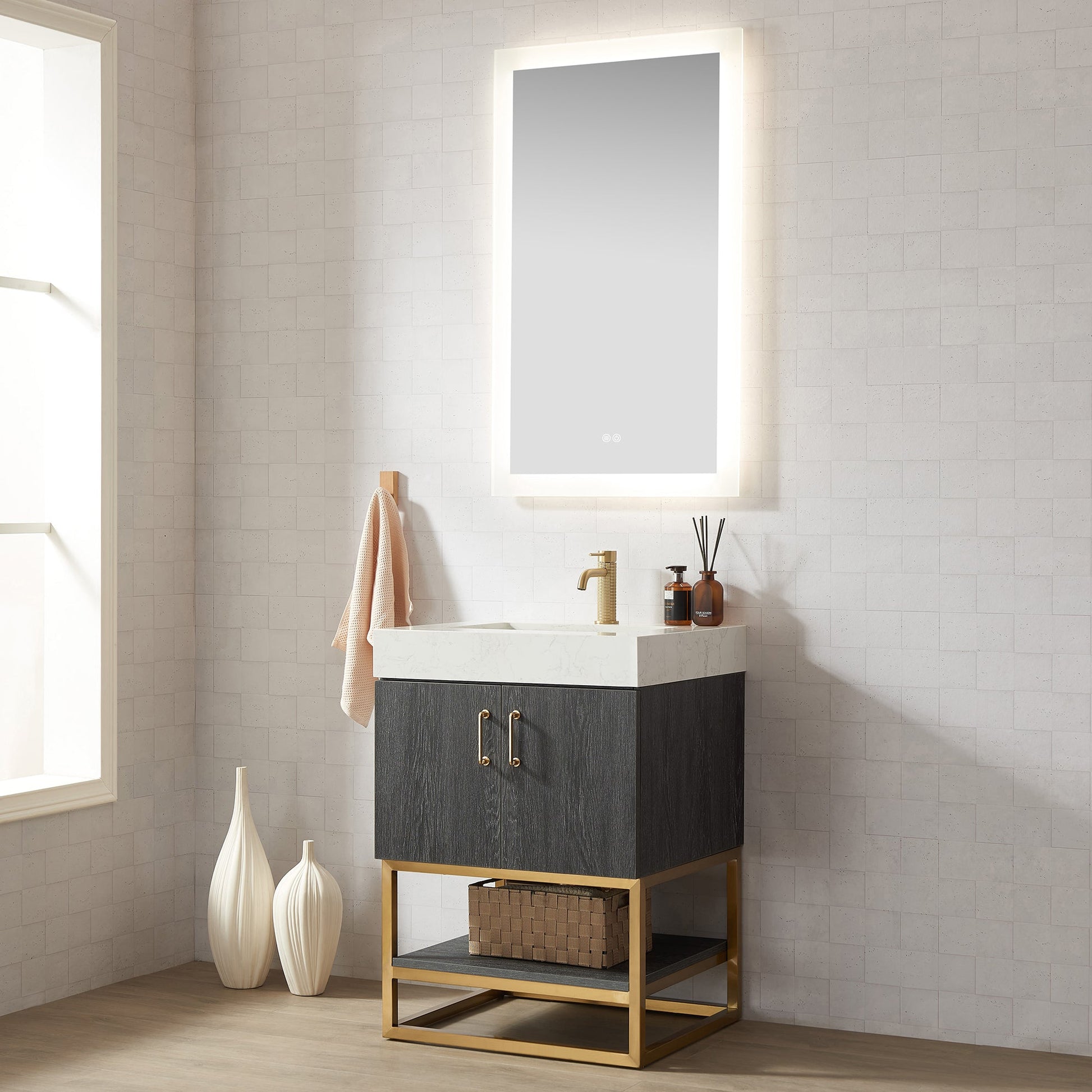 Alistair 24" Single Vanity in North American Black Oak with White Grain Stone Top