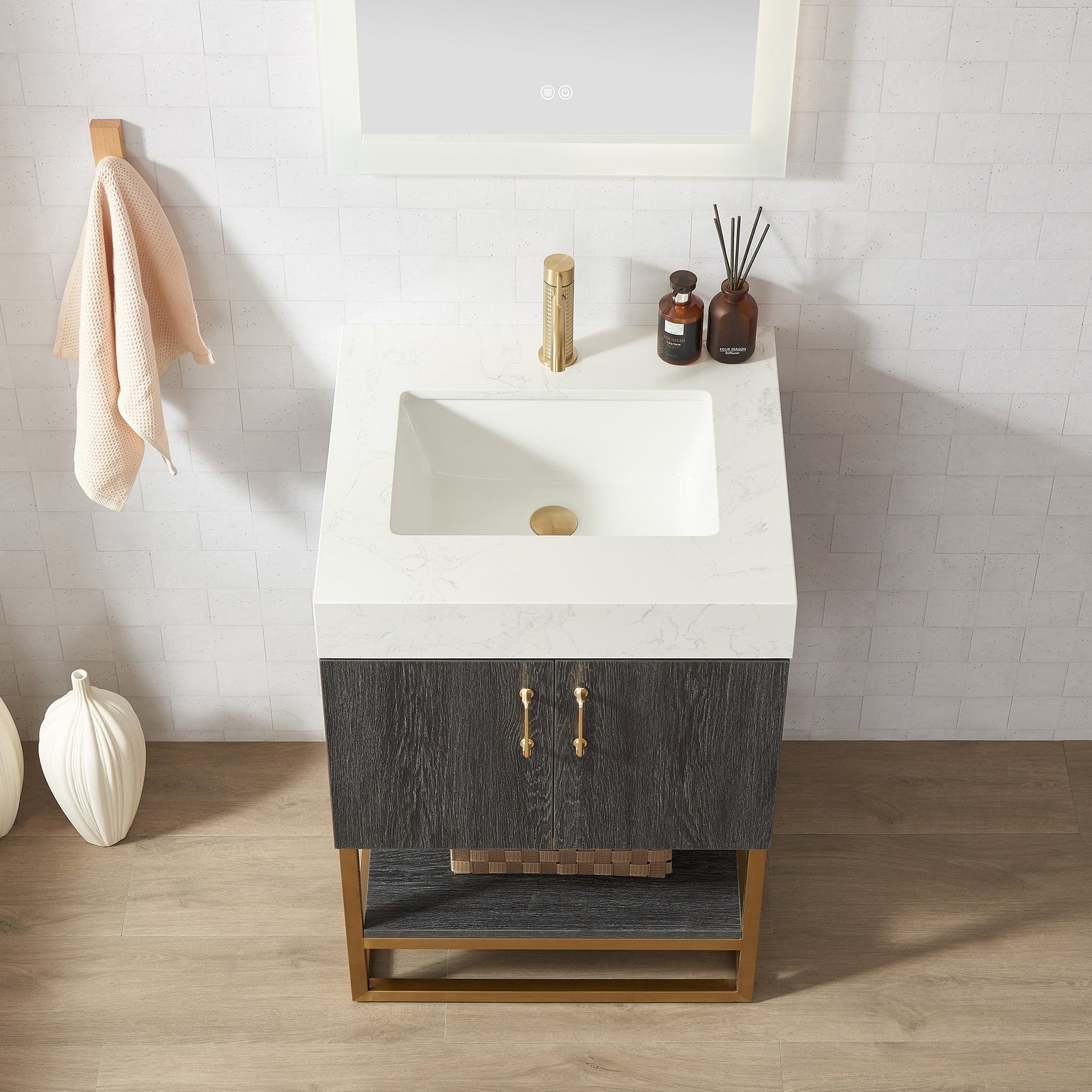 Alistair 24" Single Vanity in North American Black Oak with White Grain Stone Top