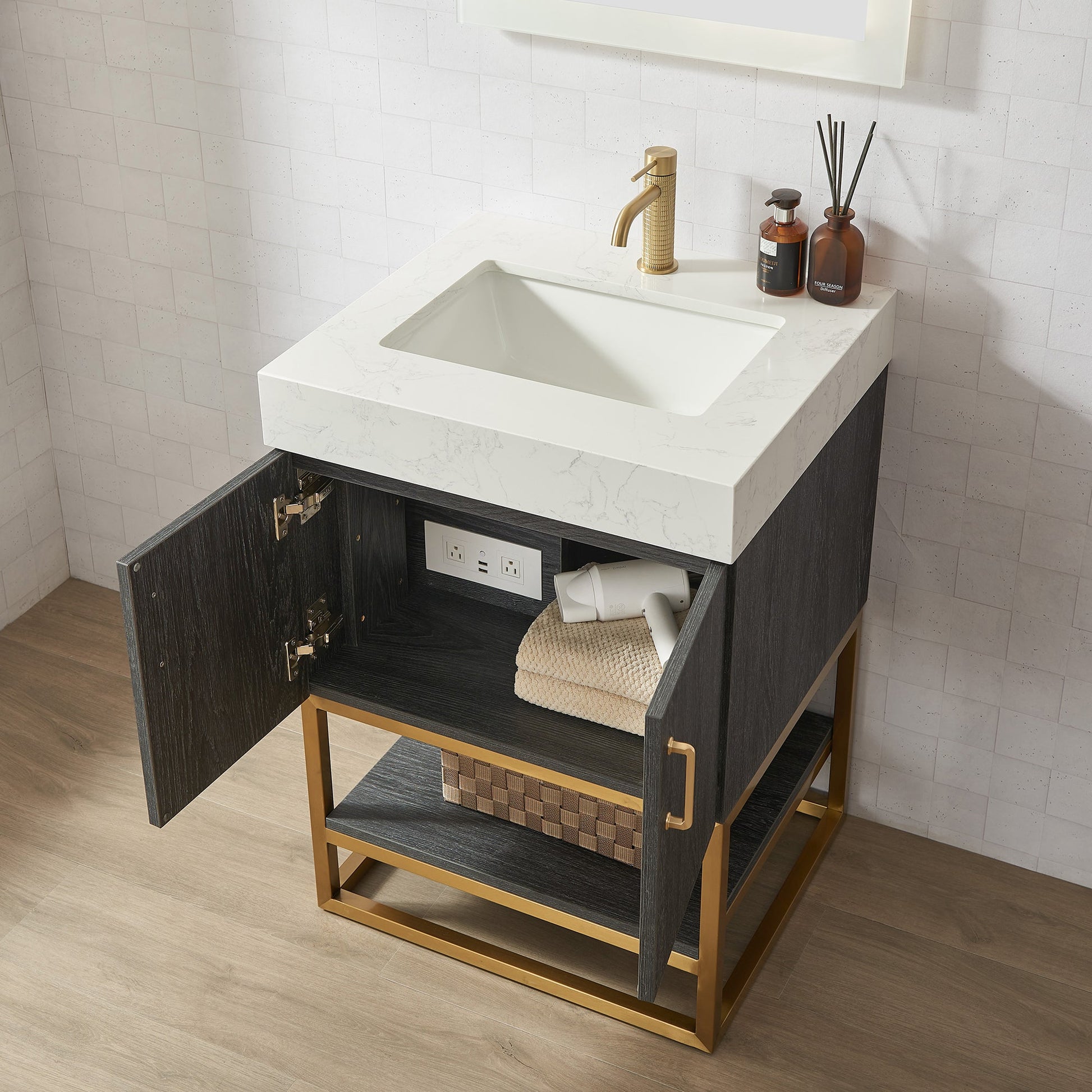 Alistair 24" Single Vanity in North American Black Oak with White Grain Stone Top