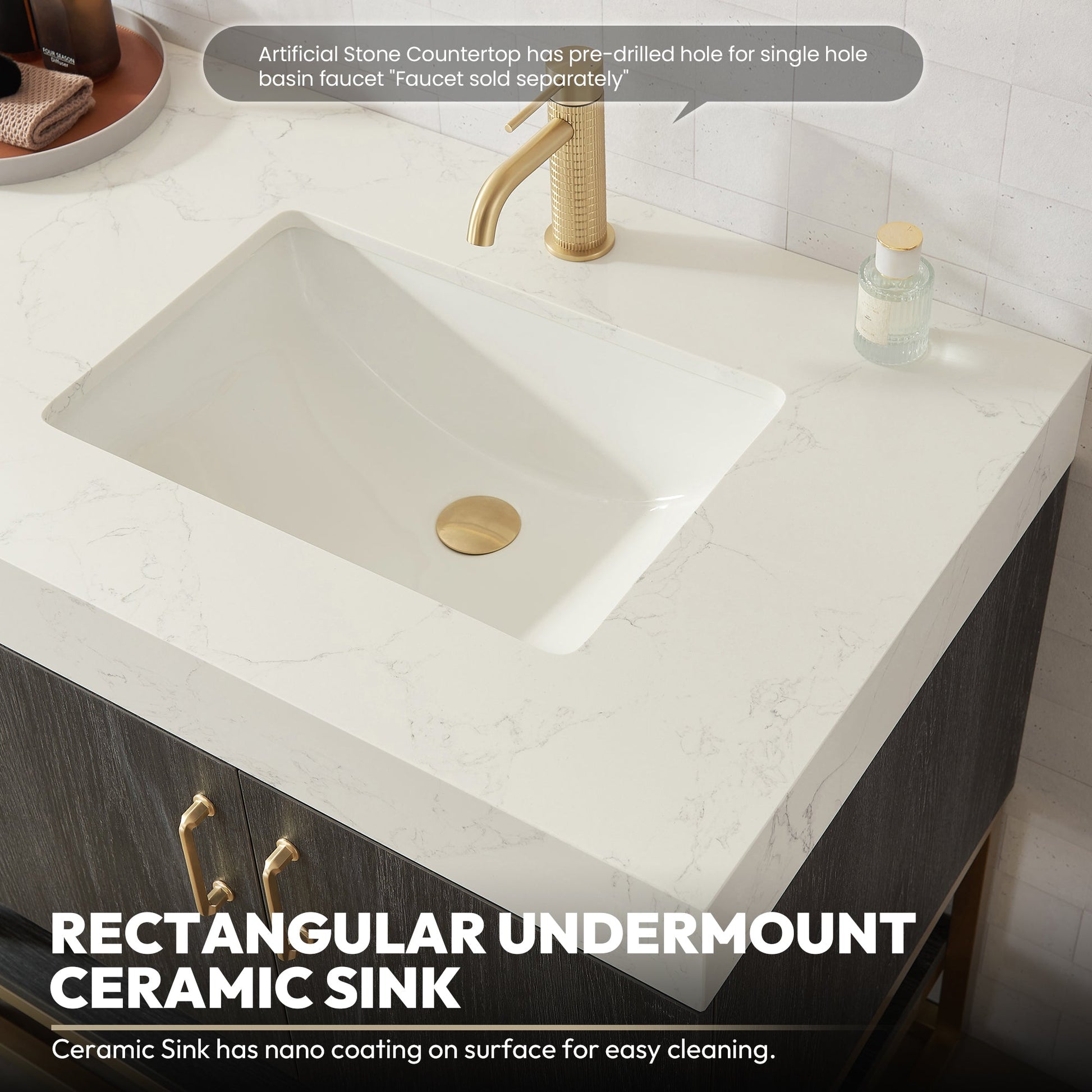 Alistair 24" Single Vanity in North American Black Oak with White Grain Stone Top