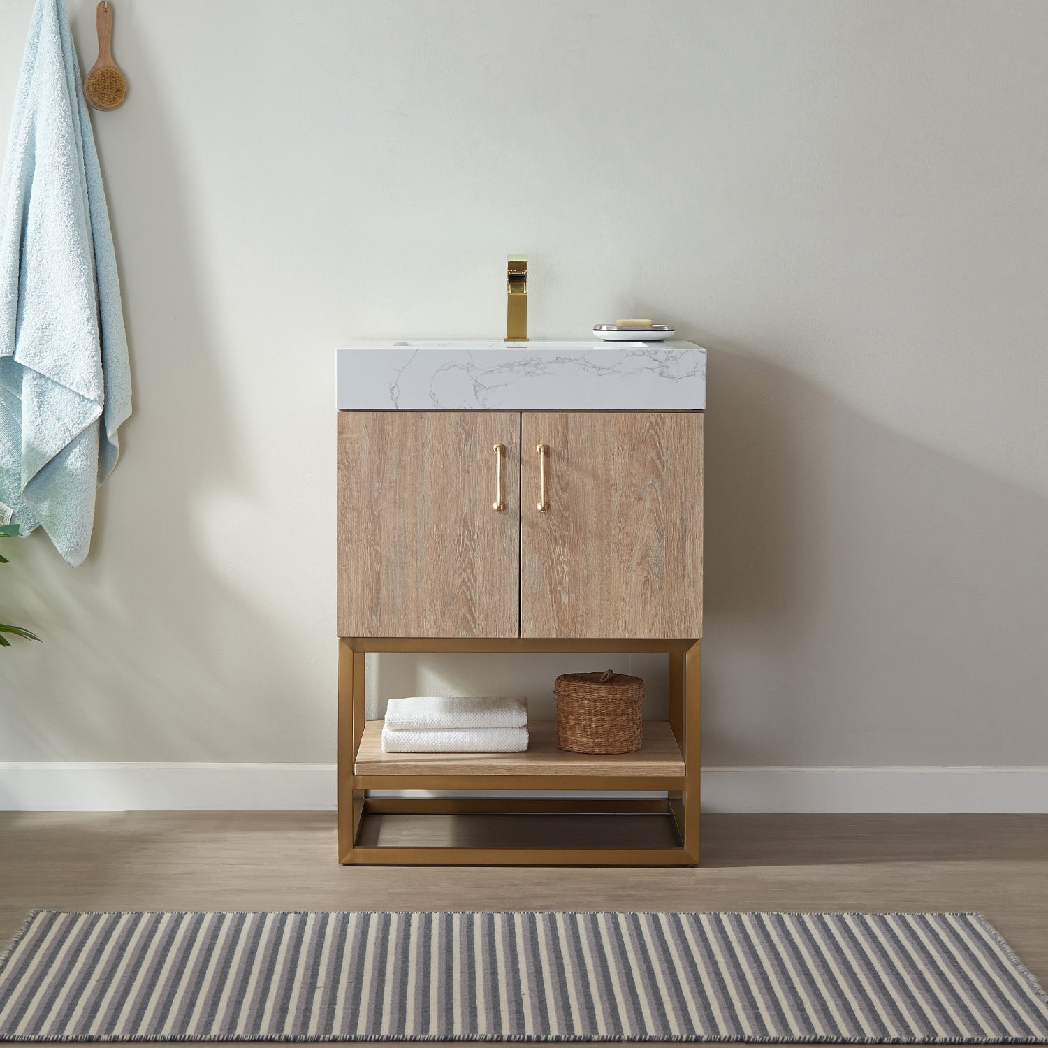 Alistair 24" Single Vanity in North American Oak with White Grain Stone Countertop