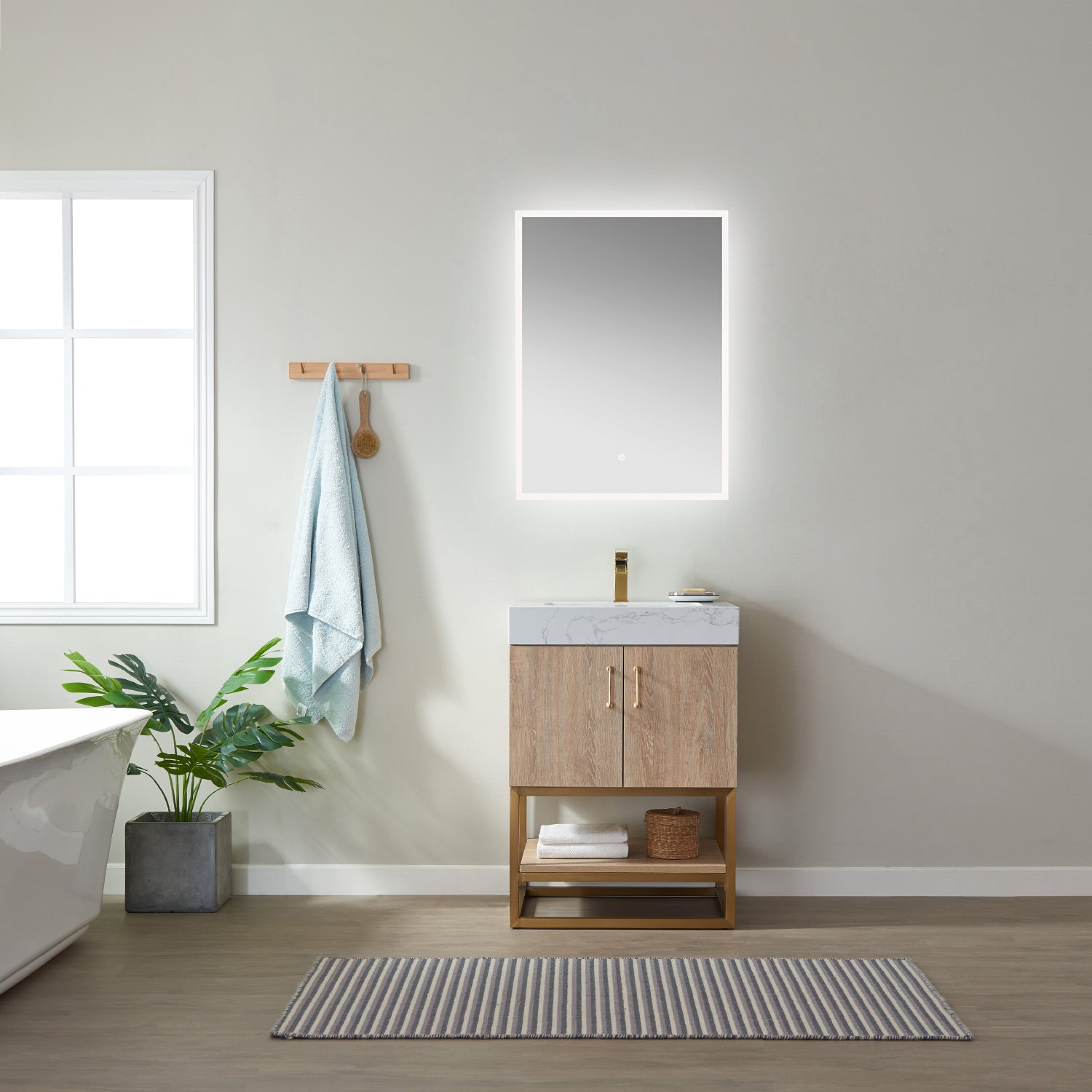 Alistair 24" Single Vanity in North American Oak with White Grain Stone Countertop